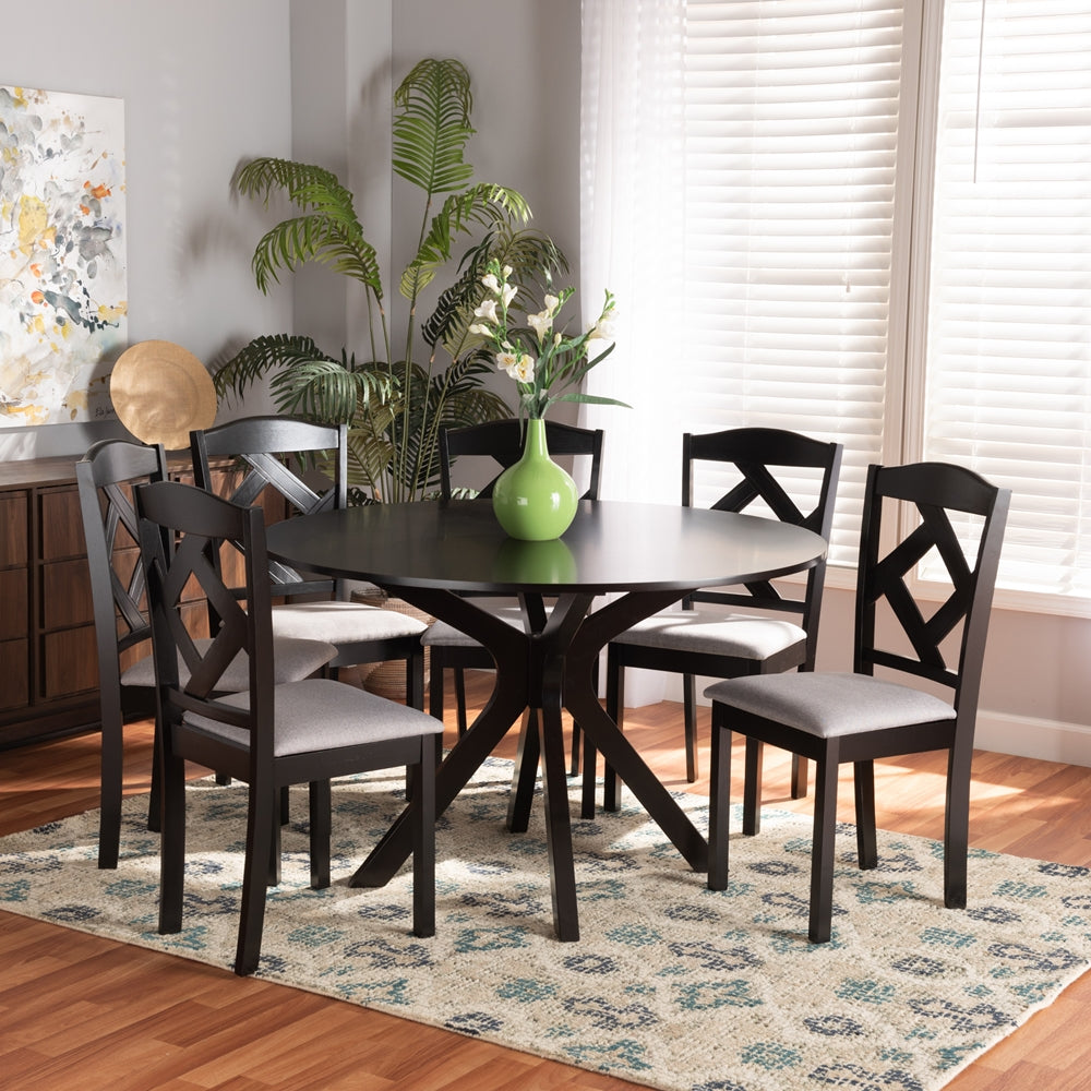Carlin Modern Transitional Grey Fabric Upholstered and Dark Brown Finished Wood 7-Piece Dining Set