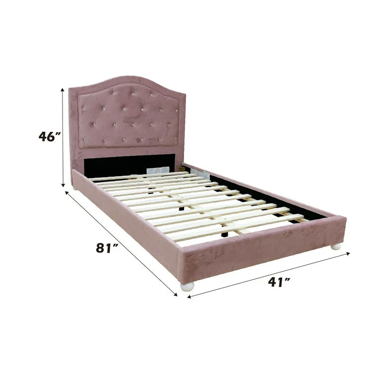 Archi Reggie Collection Twin Pink Fabric Bed Modern Style with Faux Crystal Trim