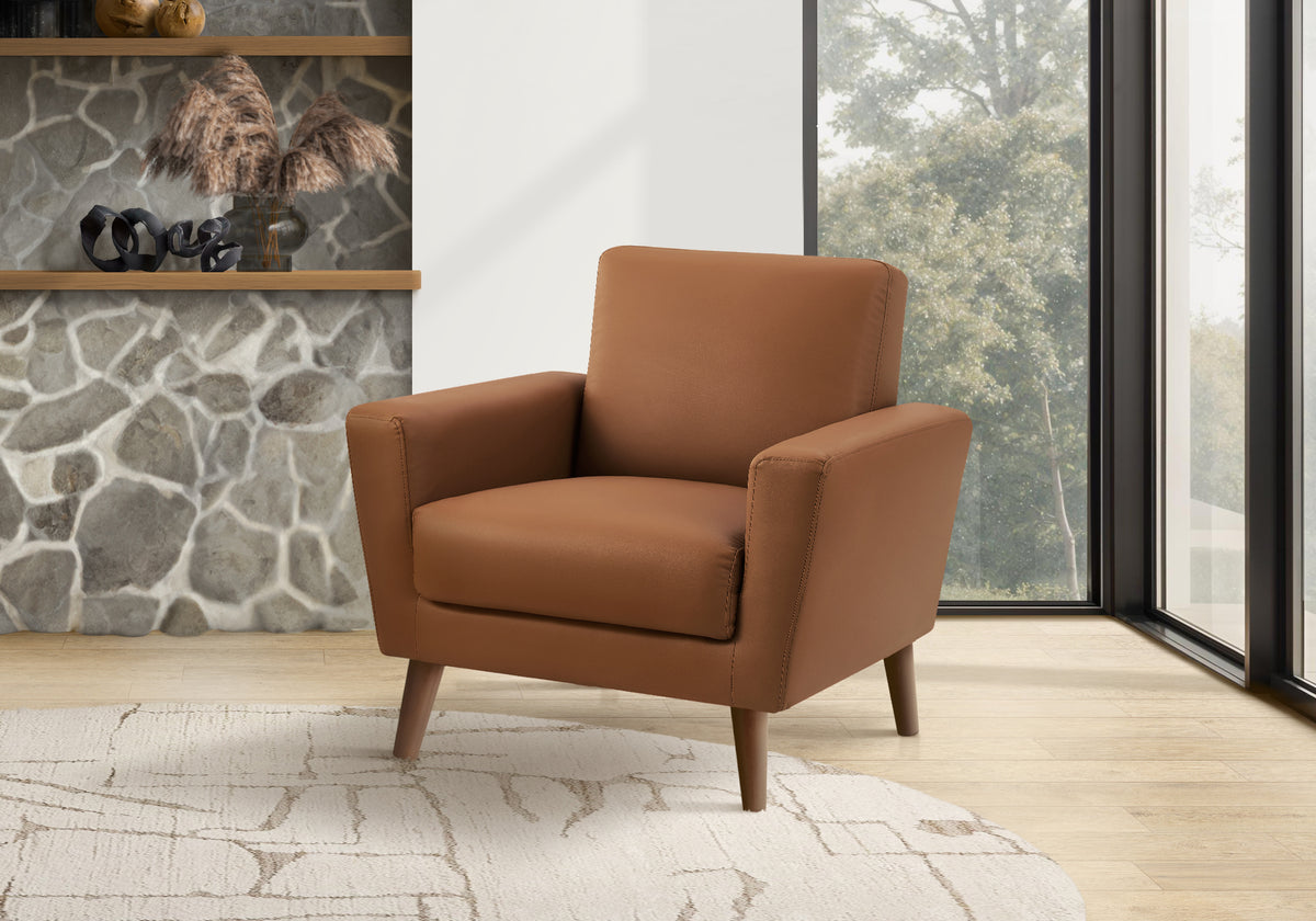 Chair, 34"" Wide, Upholstered, Accent Chair, Cognac Leather Look, Walnut Wood Legs, Mid Century