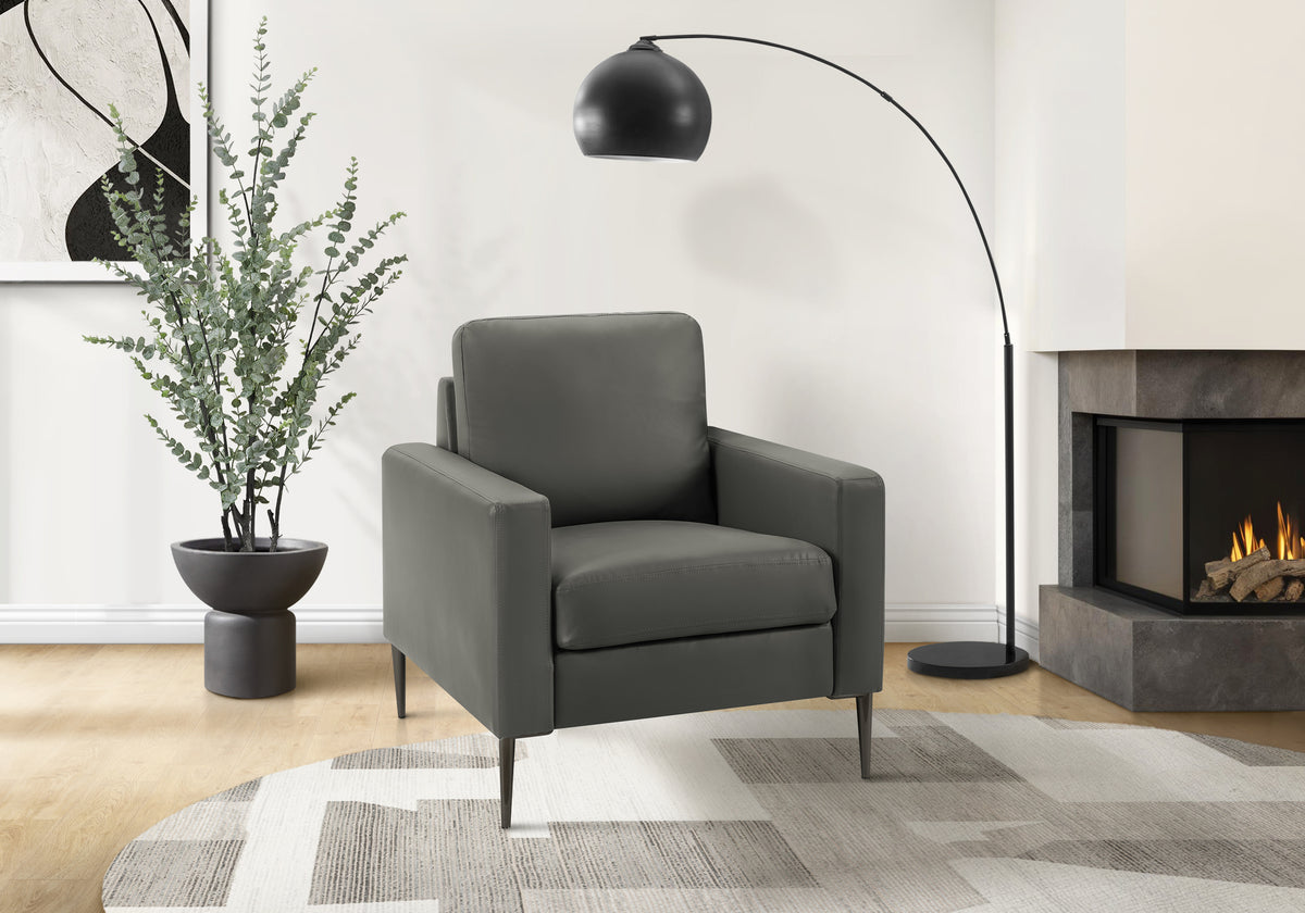 Chair, 32"" Wide, Upholstered, Accent Chair, Dark Grey Leather Look, Black Metal Legs, Contemporary, Modern