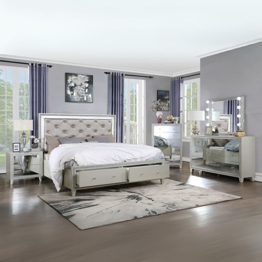 Nectar Sliverfluff Queen Bed – Champagne Faux Leather, LED Panel, Storage Drawers