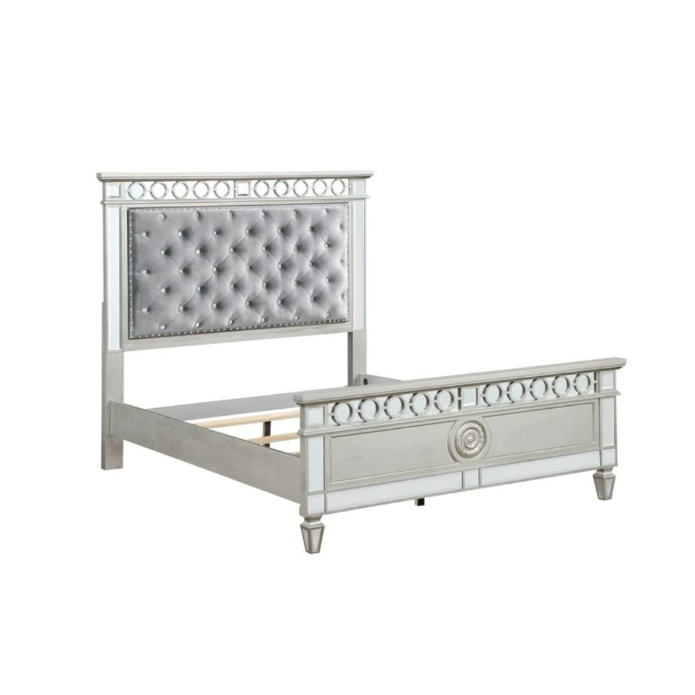 Pamma Varian Full Gray Velvet Upholstered Bed – Silver Mirrored Trim Accent