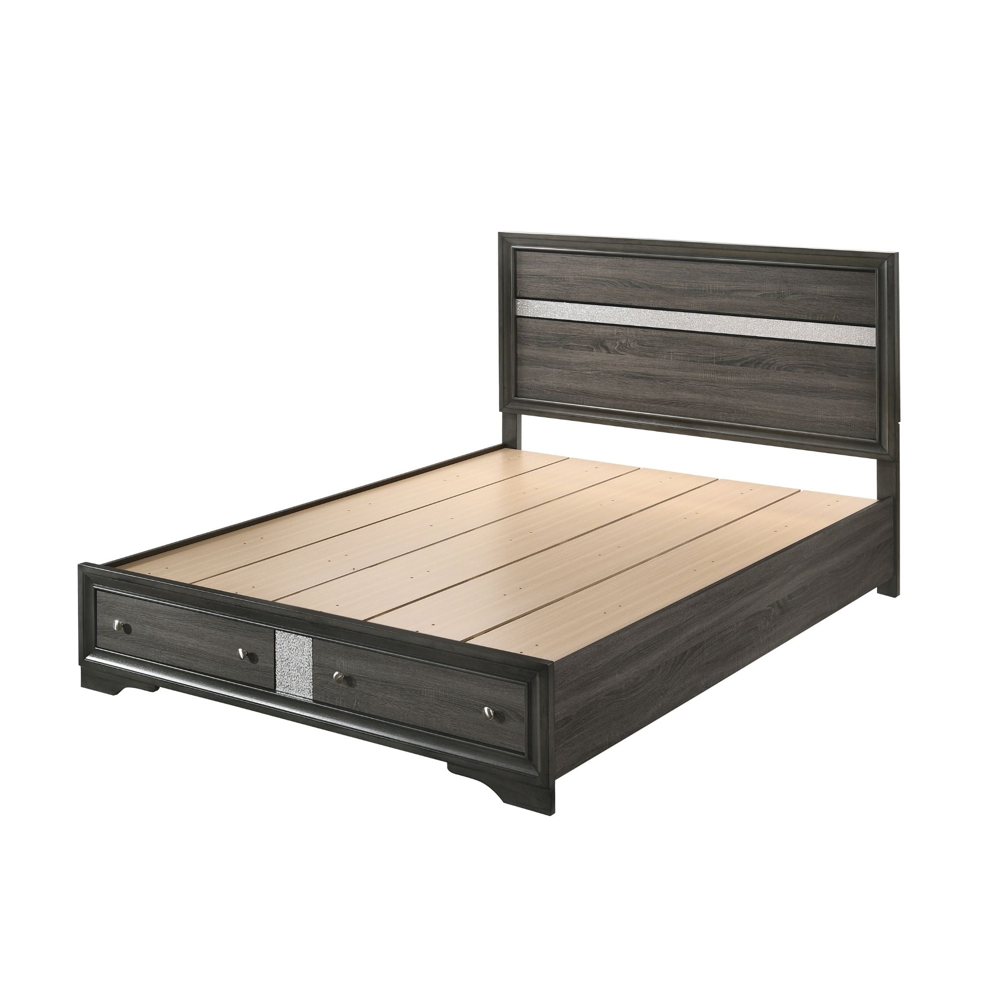 Acrylic Naima Eastern King Gray Wood Bed – Contemporary Panel Design with Storage