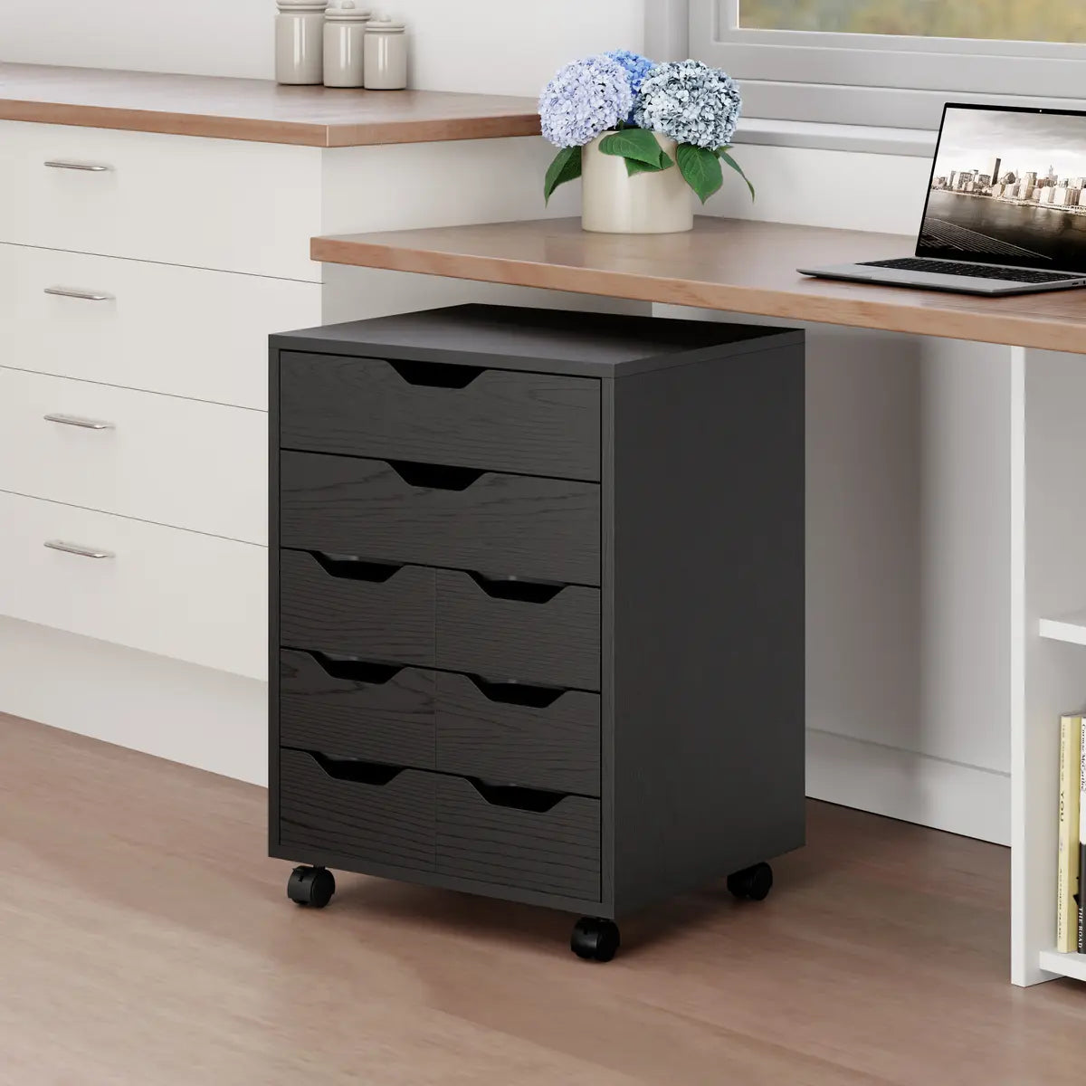 Norfolk 6 Bins, 2 Drawer Mobile Cabinet, Black Finish