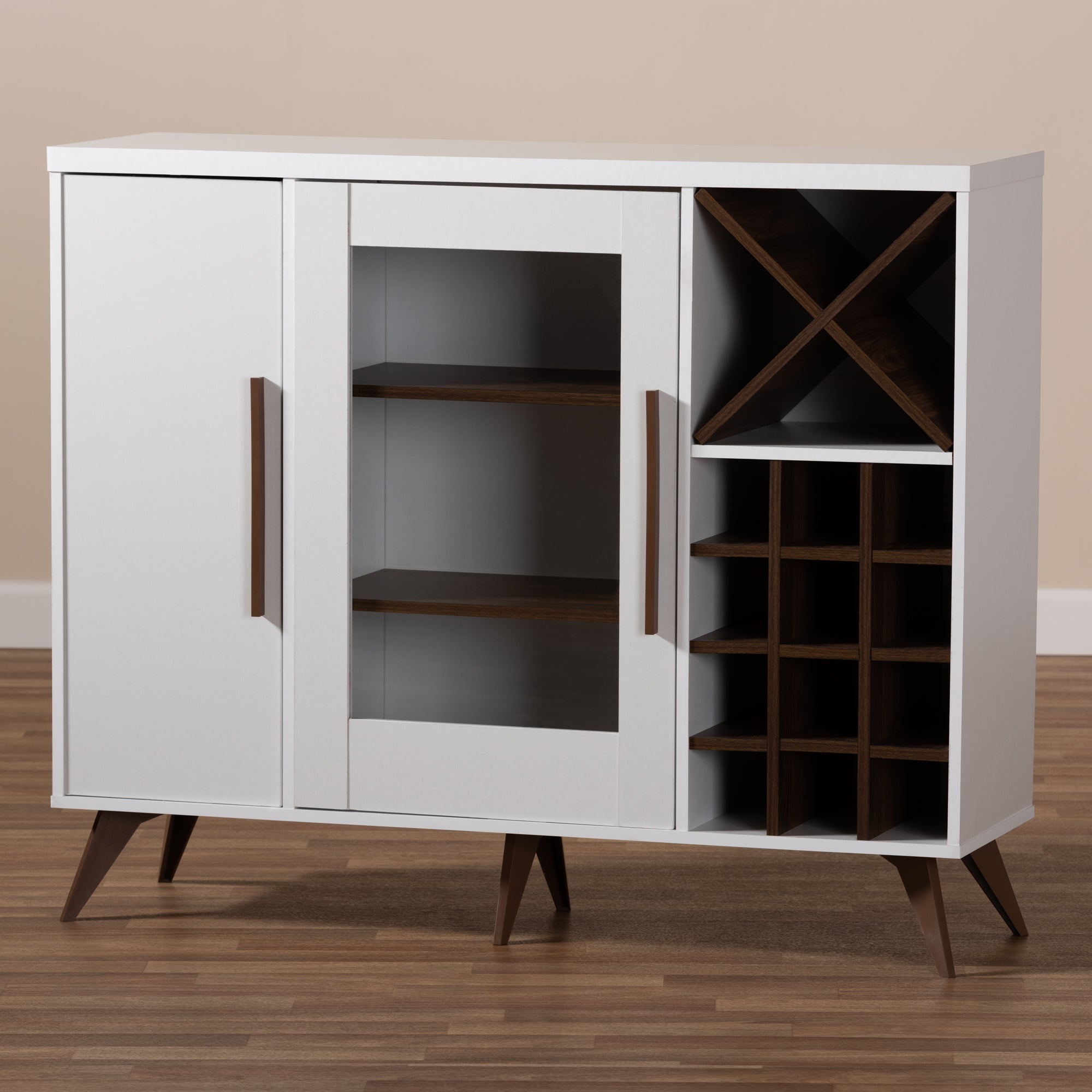 Pietro Mid-Century Modern White and Brown Finished Wine Cabinet