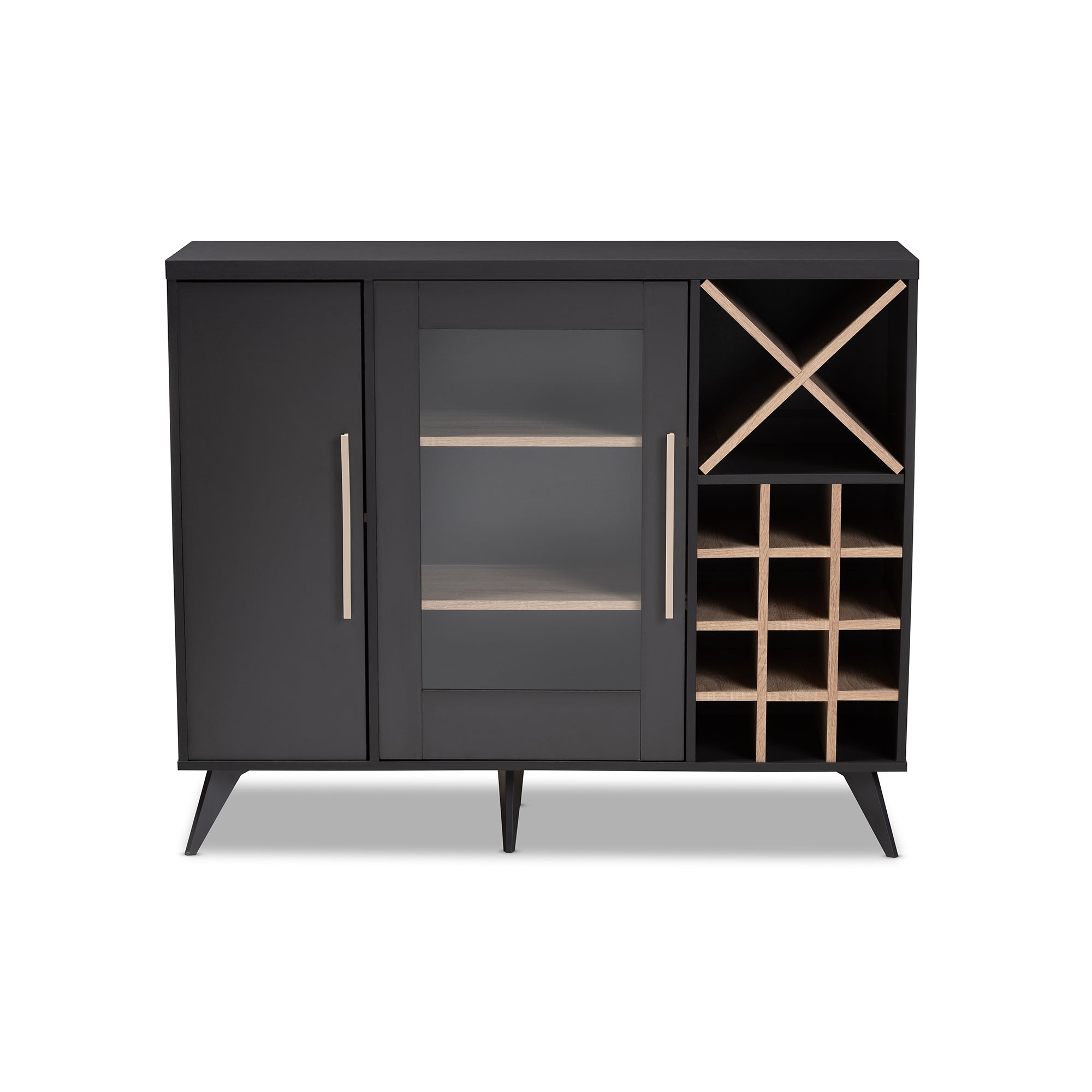 Pietro Mid-Century Modern Dark Grey and Oak Finished Wine Cabinet