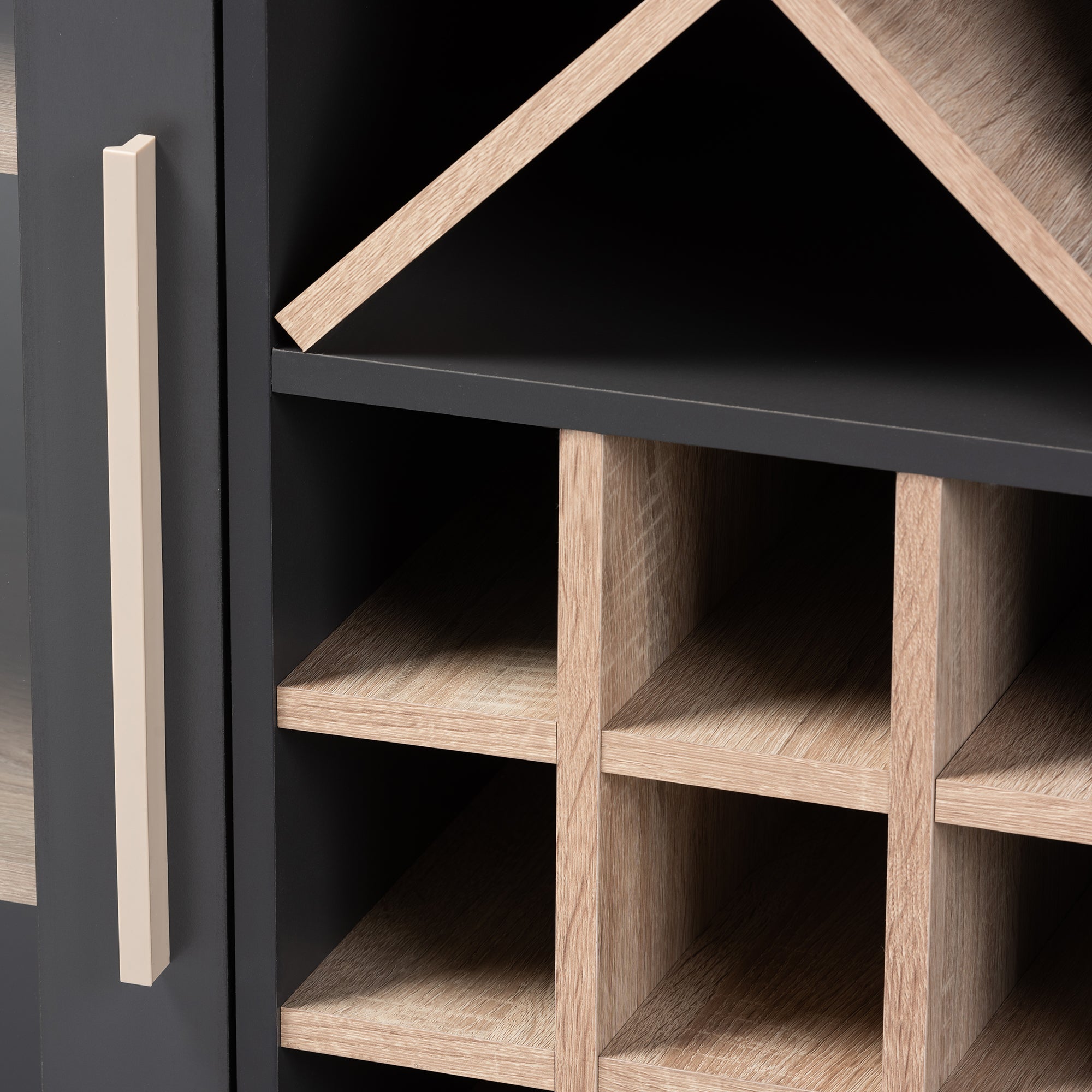 Pietro Mid-Century Modern Dark Grey and Oak Finished Wine Cabinet