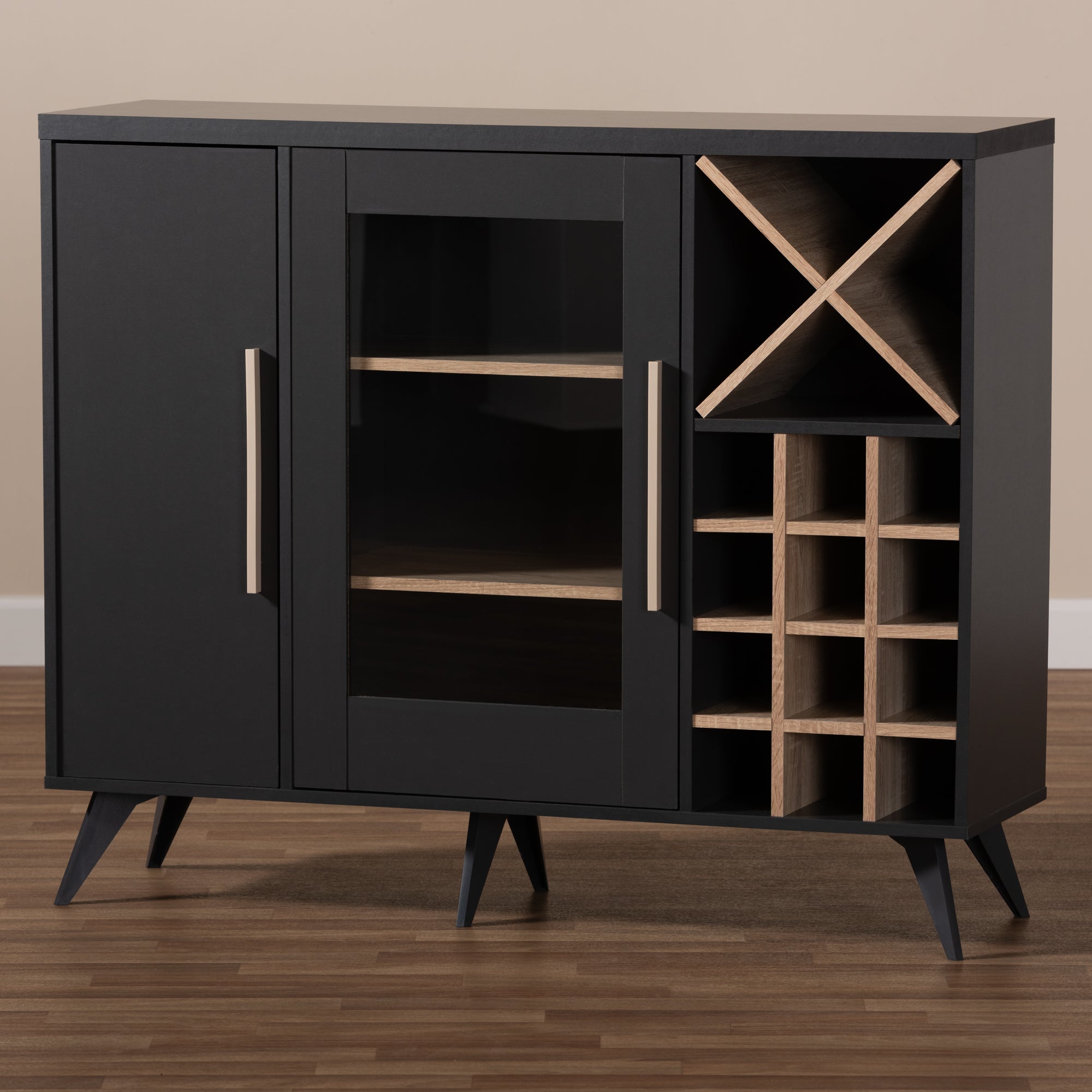 Pietro Mid-Century Modern Dark Grey and Oak Finished Wine Cabinet