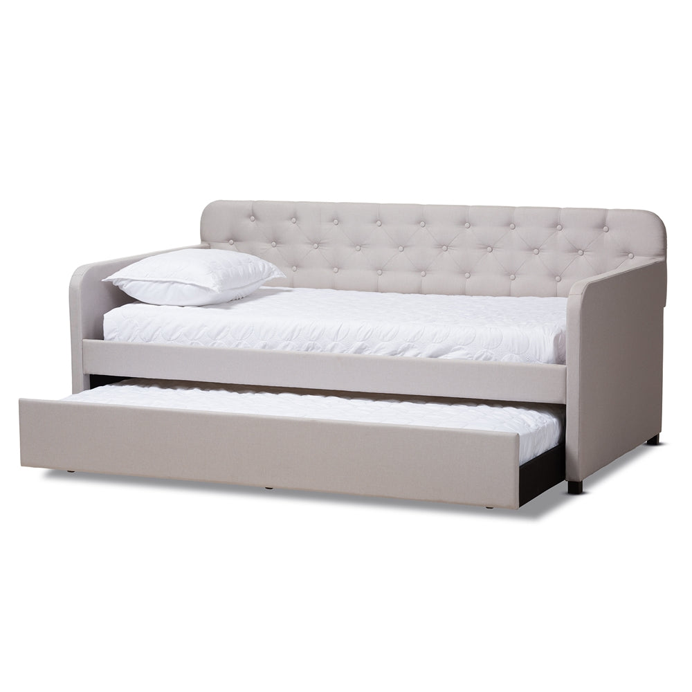 Camelia Modern and Contemporary Beige Fabric Upholstered Button-Tufted Twin Size Sofa Daybed with Roll-Out Trundle Guest Bed