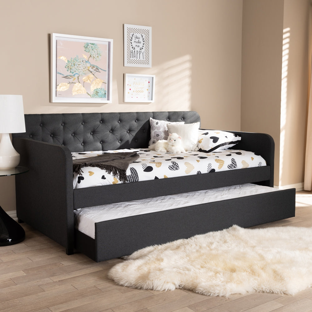 Camelia Grey Upholstered Button-Tufted Twin Size Daybed With Trundle