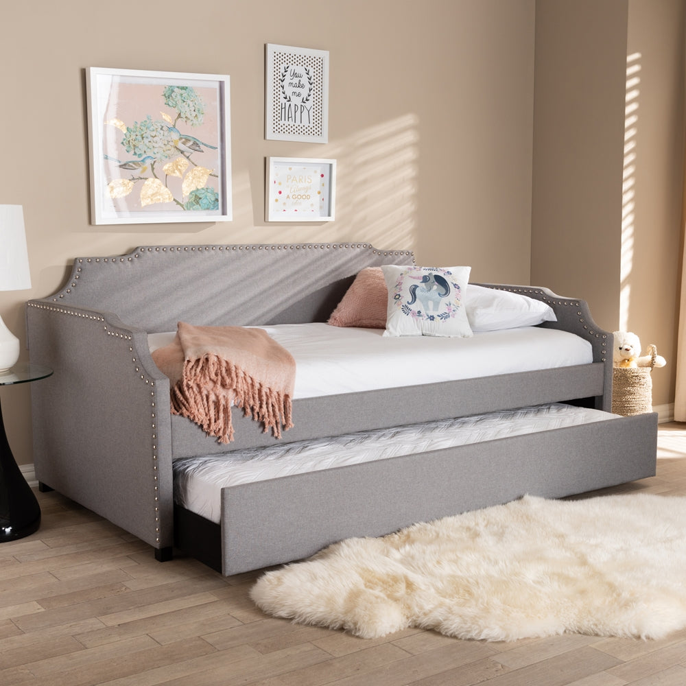 Ally Modern and Contemporary Grey Fabric Upholstered Twin Size Sofa Daybed with Roll Out Trundle Guest Bed