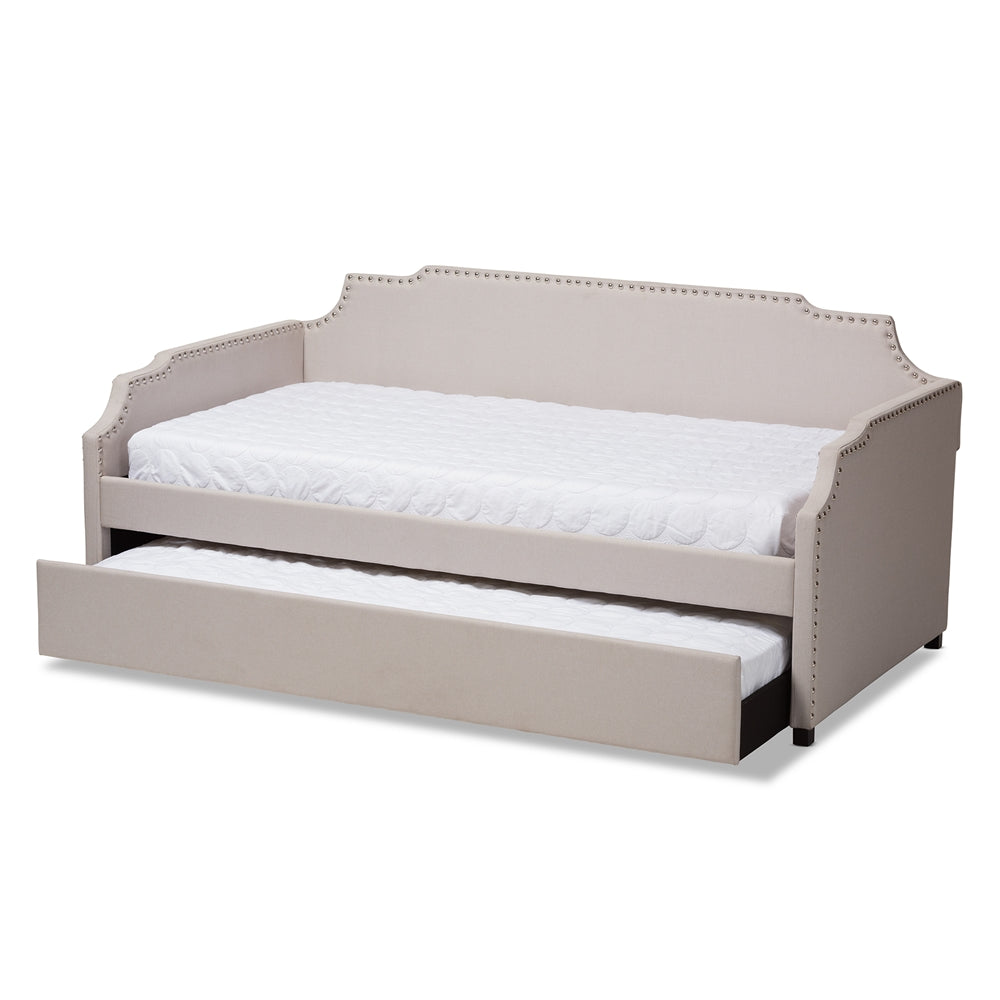 Ally Beige Upholstered Twin Size Sofa Daybed With Roll Out Trundle Guest Bed