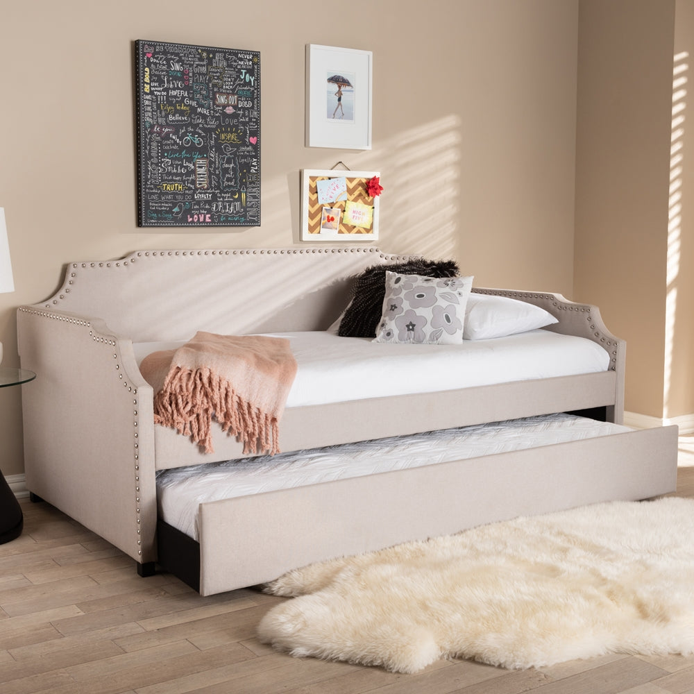 Ally Beige Upholstered Twin Size Sofa Daybed With Roll Out Trundle Guest Bed