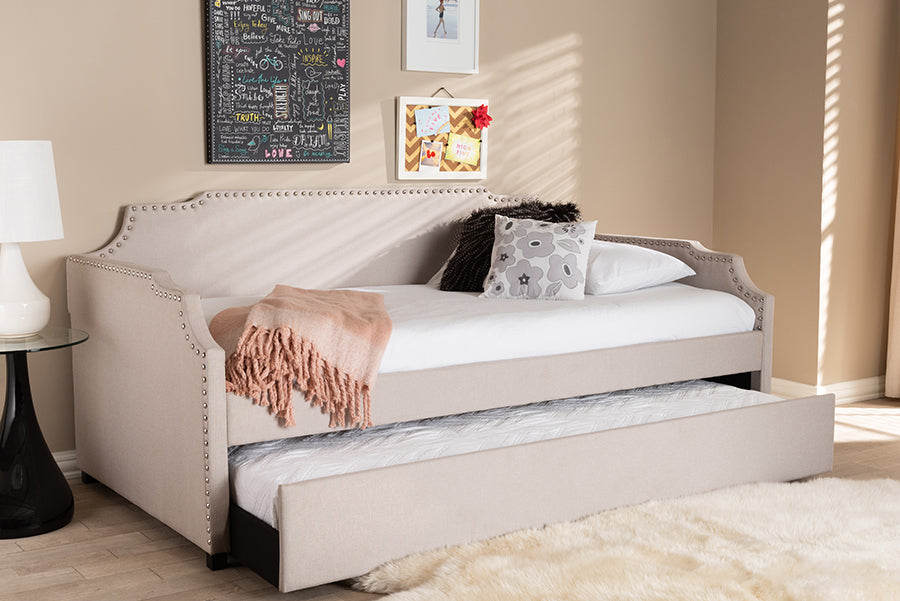 Ally Beige Upholstered Twin Size Sofa Daybed With Roll Out Trundle Guest Bed