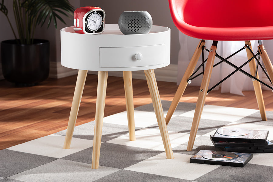 Baxton Studio Jessen Mid-Century Modern White 1-Drawer Wood End Table