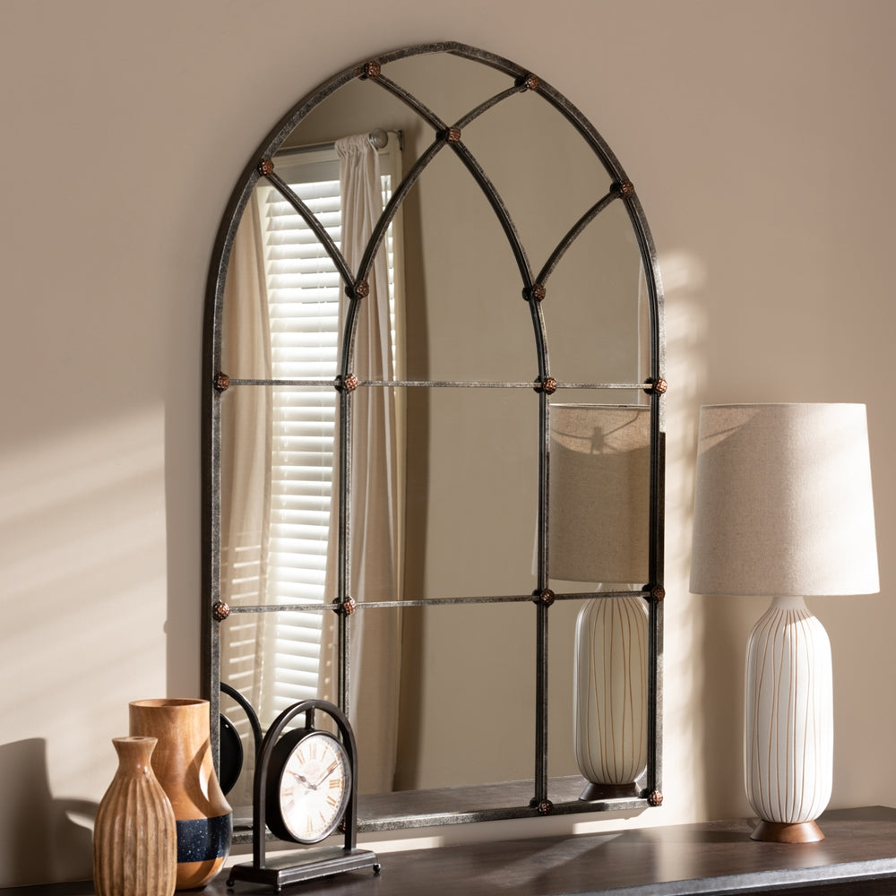 Tova Vintage Farmhouse Antique Silver Finished Arched Window Accent Wall Mirror