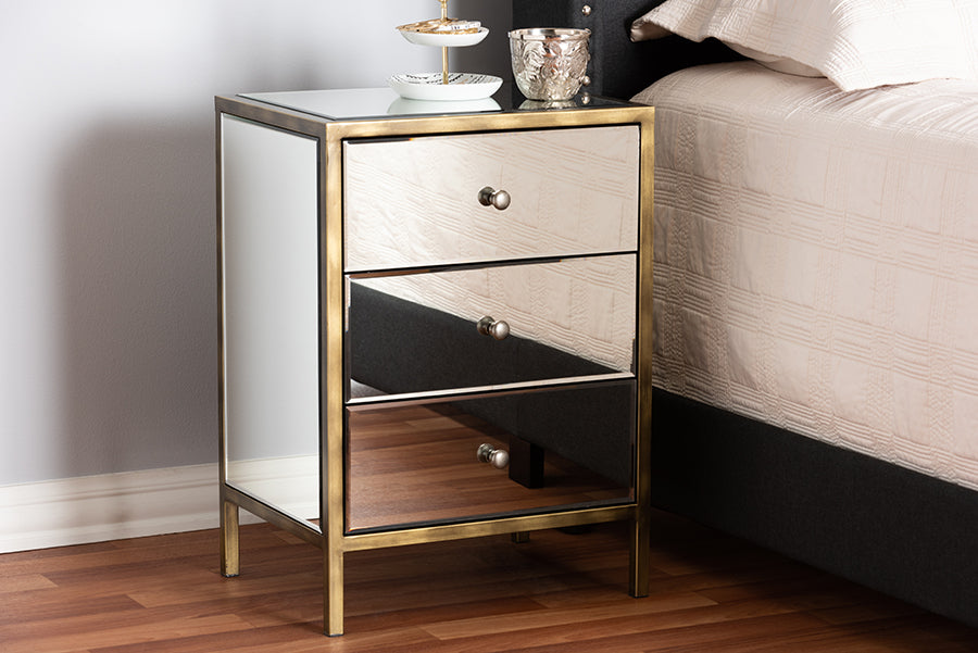 Nouria Modern and Contemporary Hollywood Regency our Style Mirrored 3-Drawer End Table