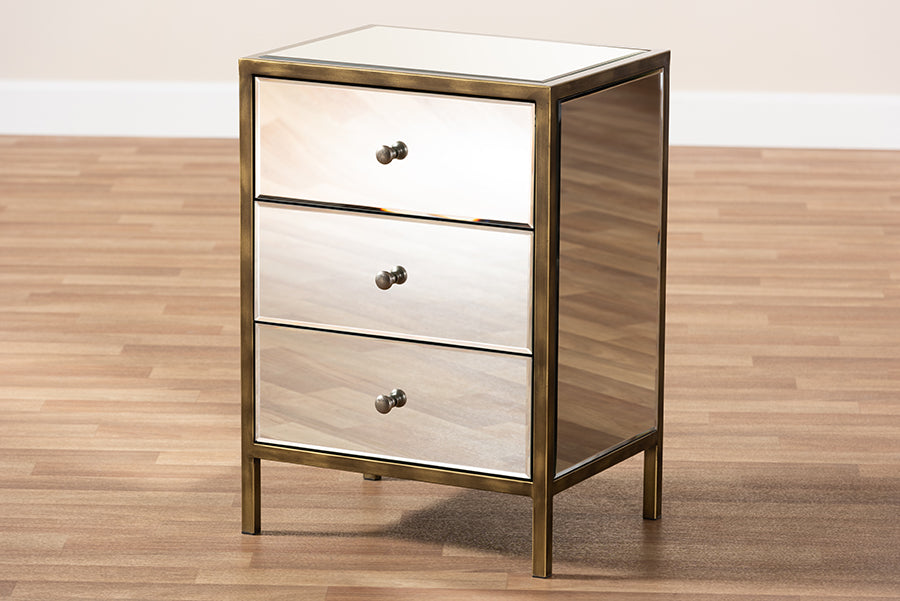 Nouria Modern and Contemporary Hollywood Regency our Style Mirrored 3-Drawer End Table