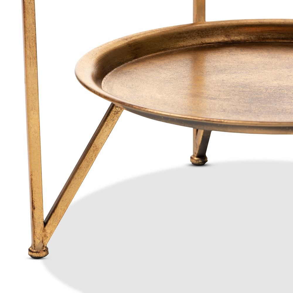 Tamsin Modern and Contemporary Antique Gold Finished Metal and Mirrored Glass Accent Table with Tray Shelf