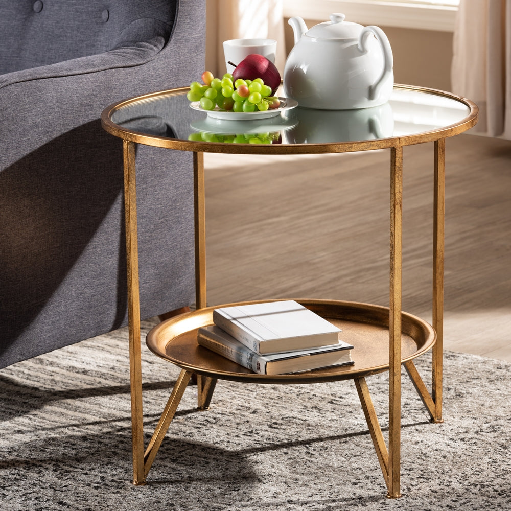 Tamsin Modern and Contemporary Antique Gold Finished Metal and Mirrored Glass Accent Table with Tray Shelf