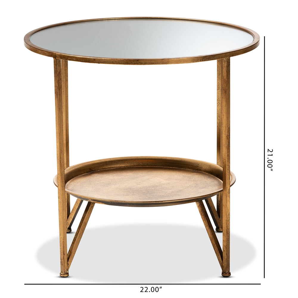 Tamsin Modern and Contemporary Antique Gold Finished Metal and Mirrored Glass Accent Table with Tray Shelf
