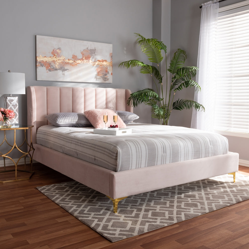 Saverio Light Pink Velvet with Gold Legs Queen Bed