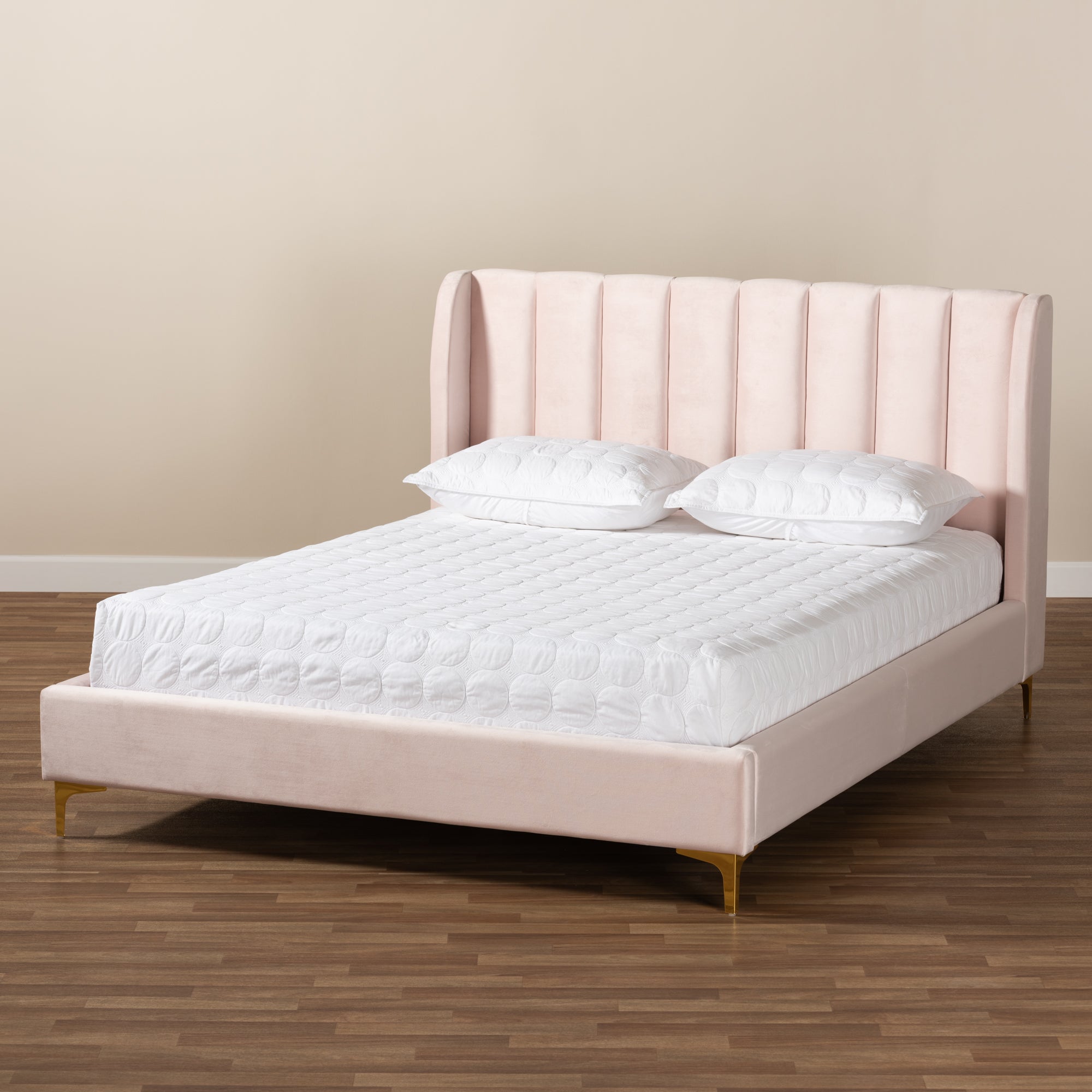 Saverio Light Pink Velvet with Gold Legs Queen Bed