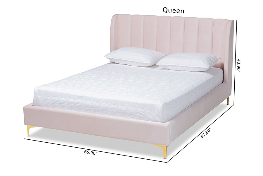 Saverio Light Pink Velvet with Gold Legs Queen Bed