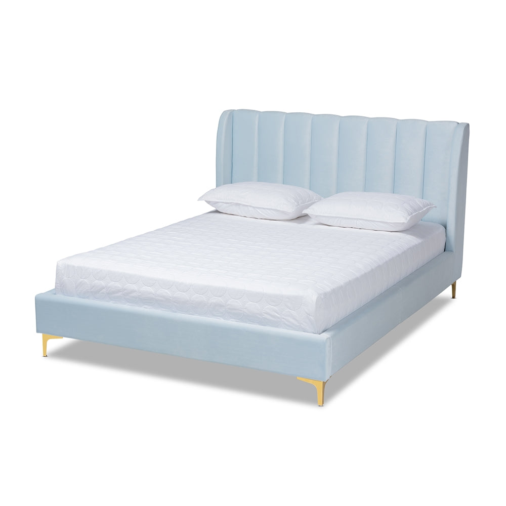 Saverio Light Blue Velvet Fabric Upholstered Queen Size Platform Bed with Gold-Tone Legs