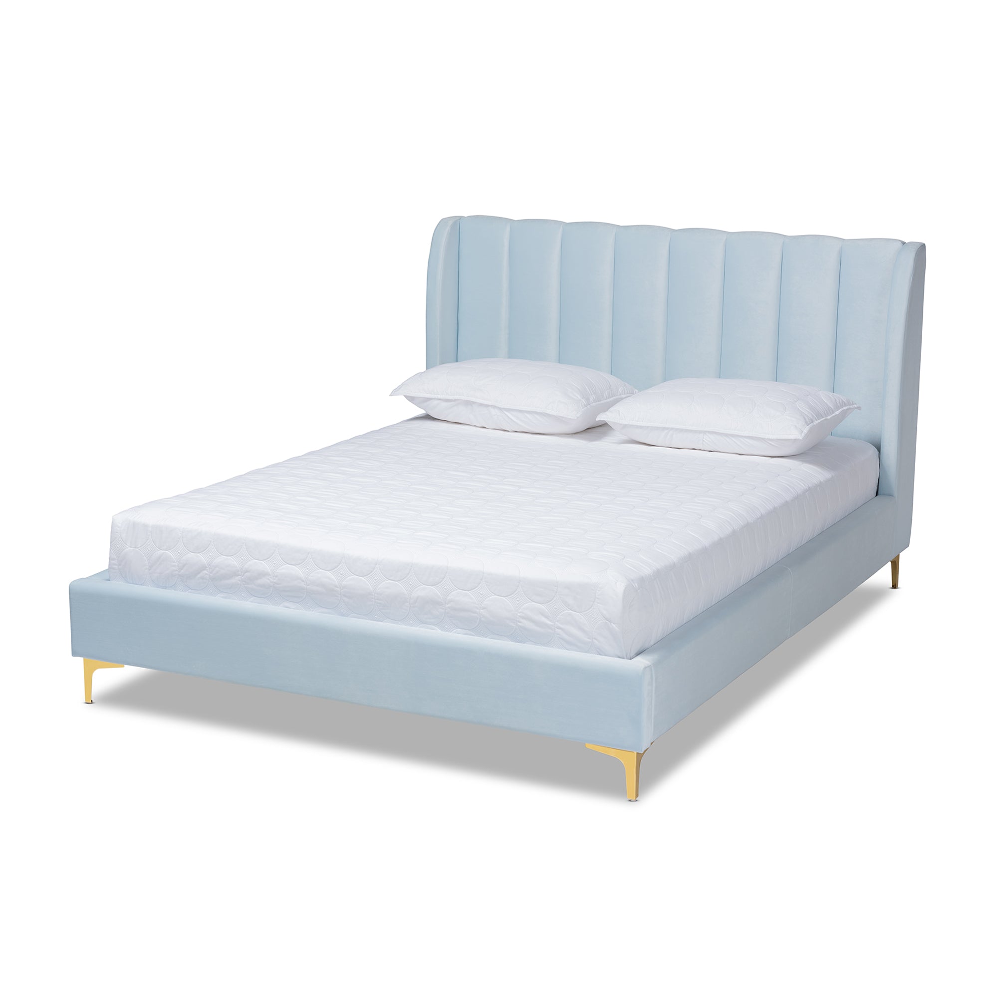 Saverio Light Blue Velvet Fabric Upholstered Queen Size Platform Bed with Gold-Tone Legs