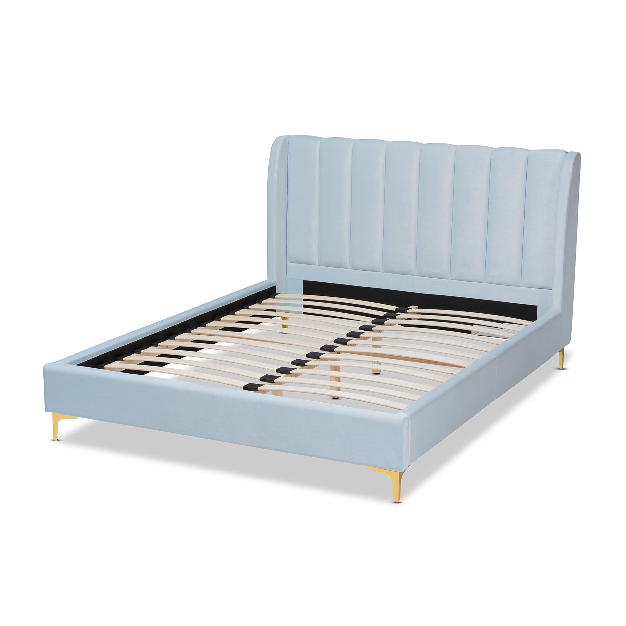 Saverio Light Blue Velvet Fabric Upholstered Queen Size Platform Bed with Gold-Tone Legs