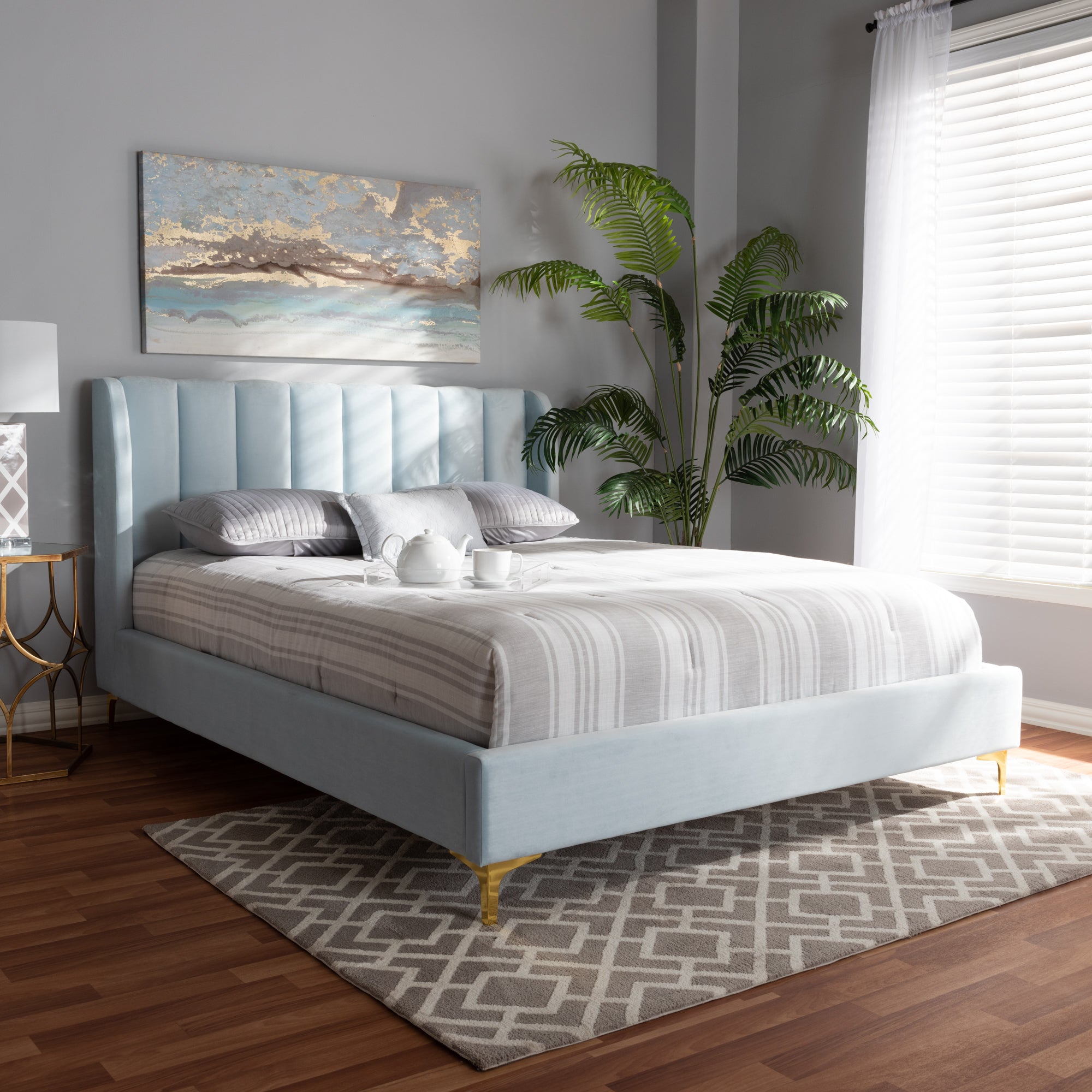 Saverio Light Blue Velvet Fabric Upholstered Queen Size Platform Bed with Gold-Tone Legs