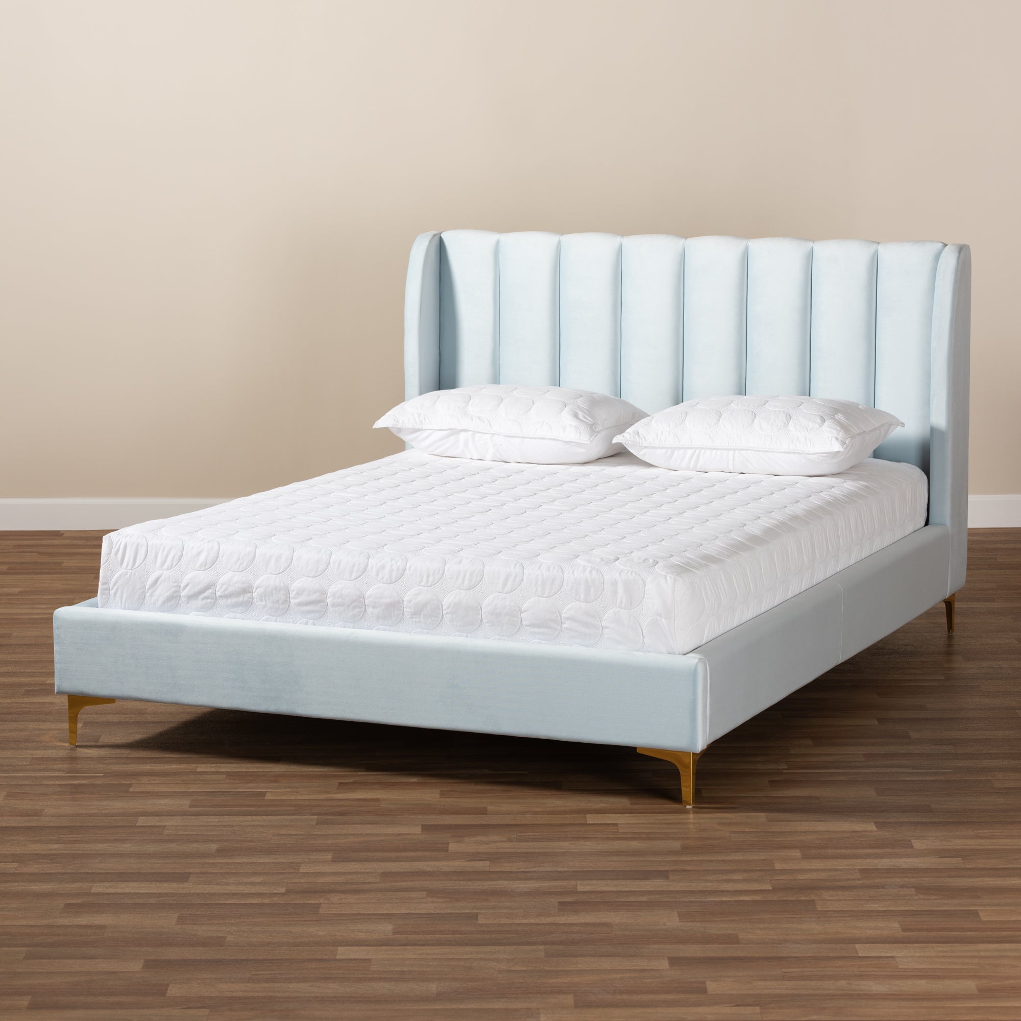 Saverio Light Blue Velvet Fabric Upholstered Queen Size Platform Bed with Gold-Tone Legs