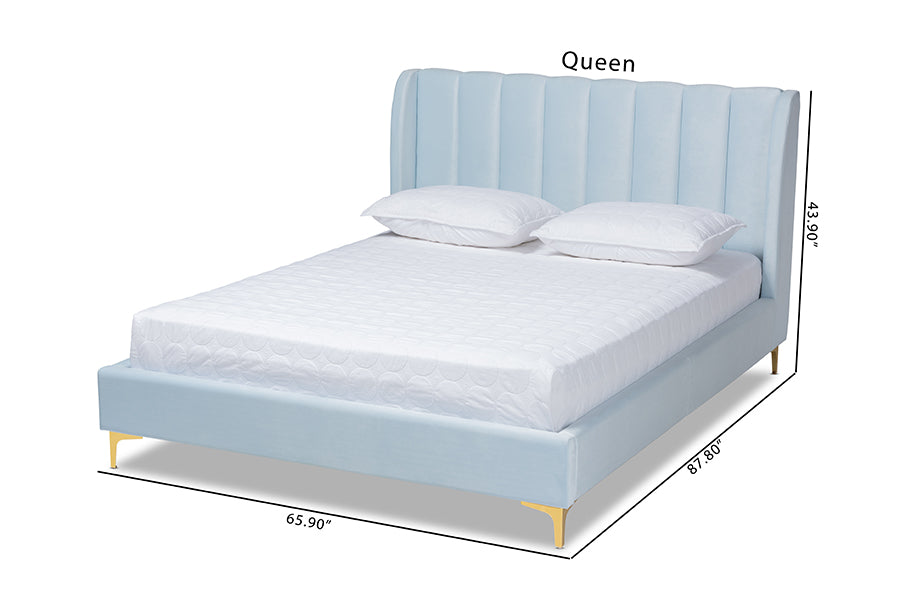 Saverio Light Blue Velvet Fabric Upholstered Queen Size Platform Bed with Gold-Tone Legs