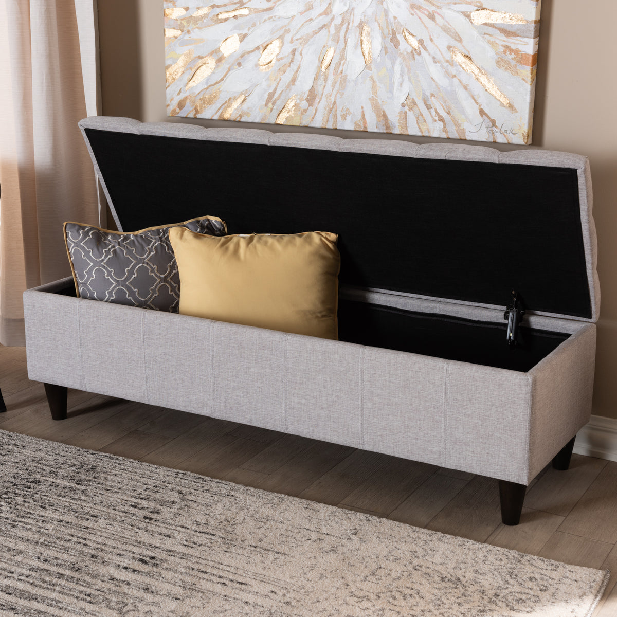 Brette Mid-Century Modern Grey Fabric Upholstered Dark Brown Finished Wood Storage Bench Ottoman