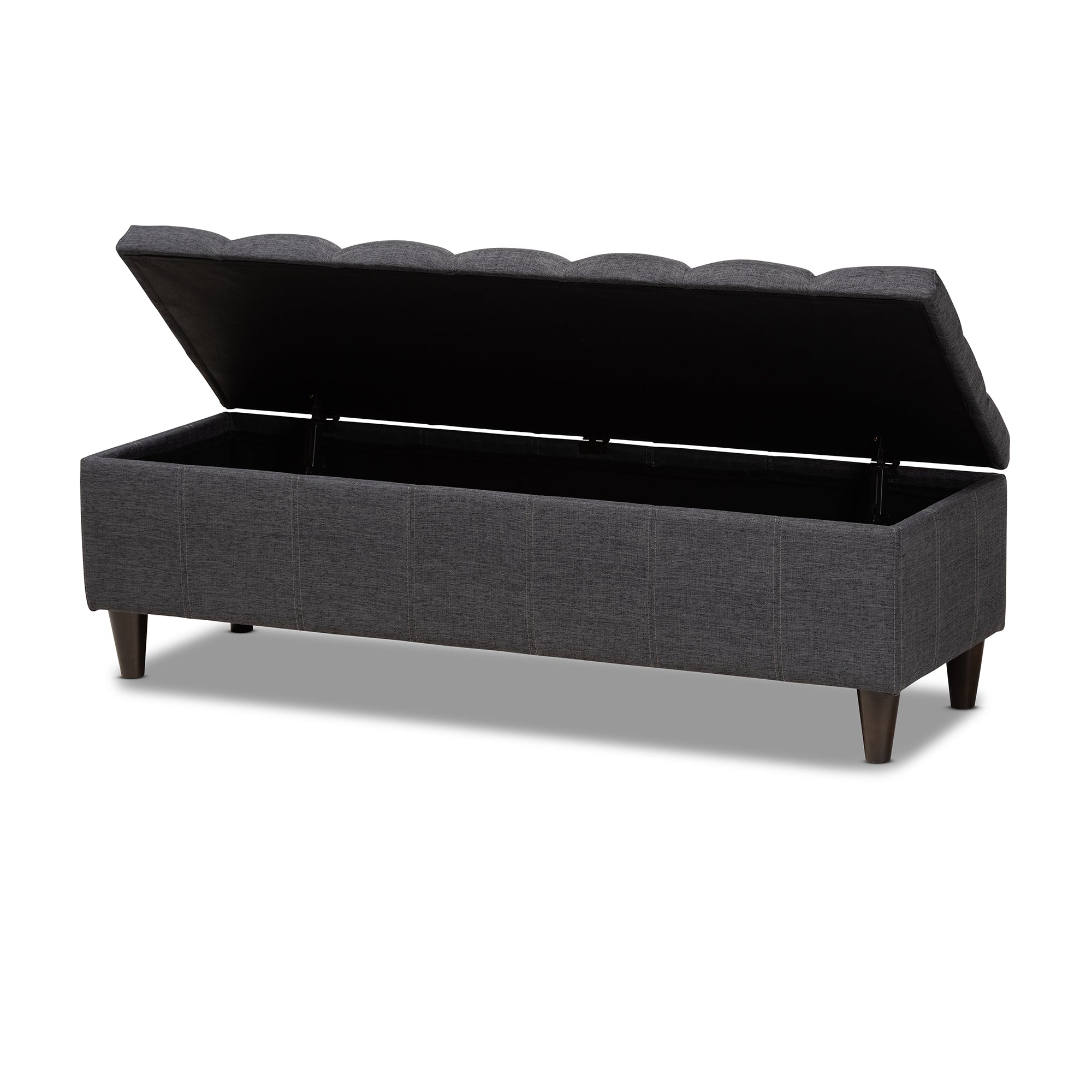 Brette Mid-Century Modern Charcoal Fabric Upholstered Dark Brown Finished Wood Storage Bench Ottoman