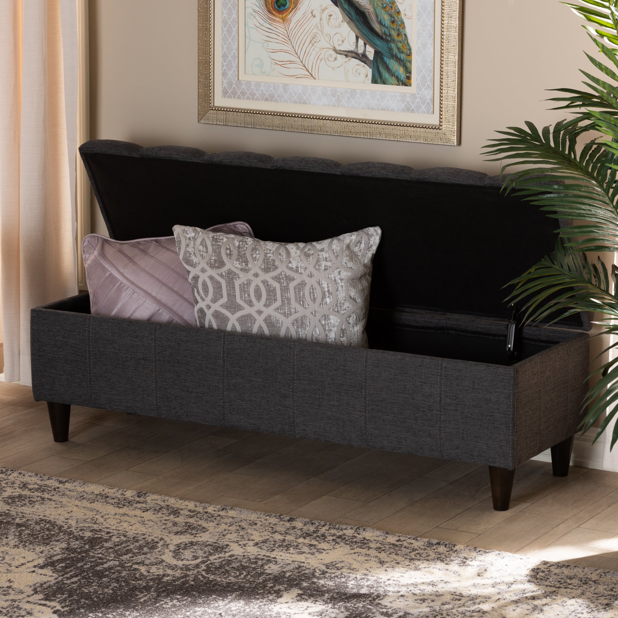 Brette Mid-Century Modern Charcoal Fabric Upholstered Dark Brown Finished Wood Storage Bench Ottoman