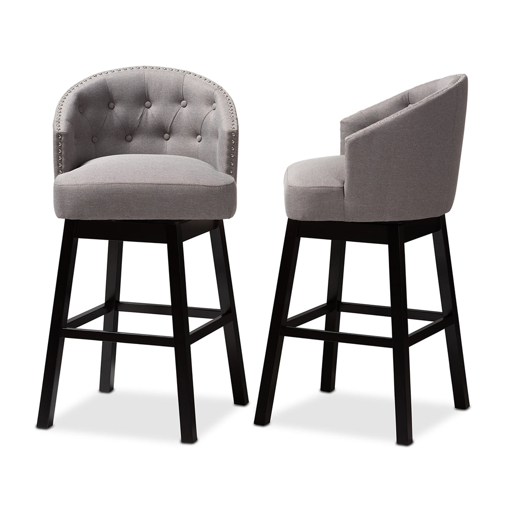 Theron Transitional Grey Fabric Upholstered Wood Swivel Bar Stool Set of 2