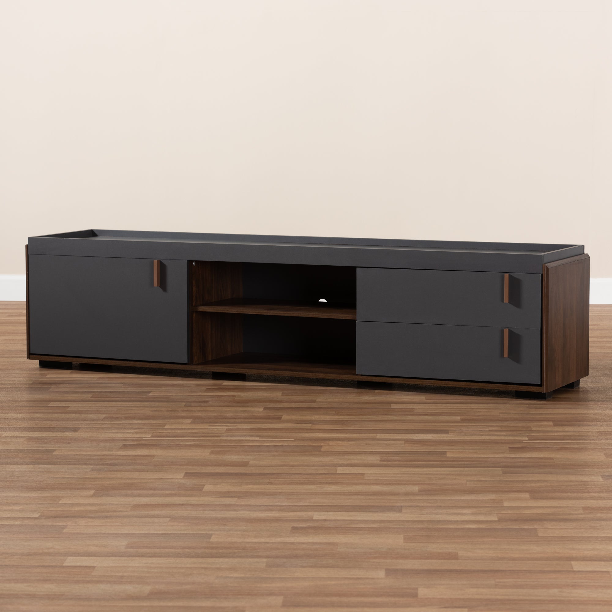 Rikke Modern and Contemporary Two-Tone Gray and Walnut Finished Wood 2-Drawer TV Stand