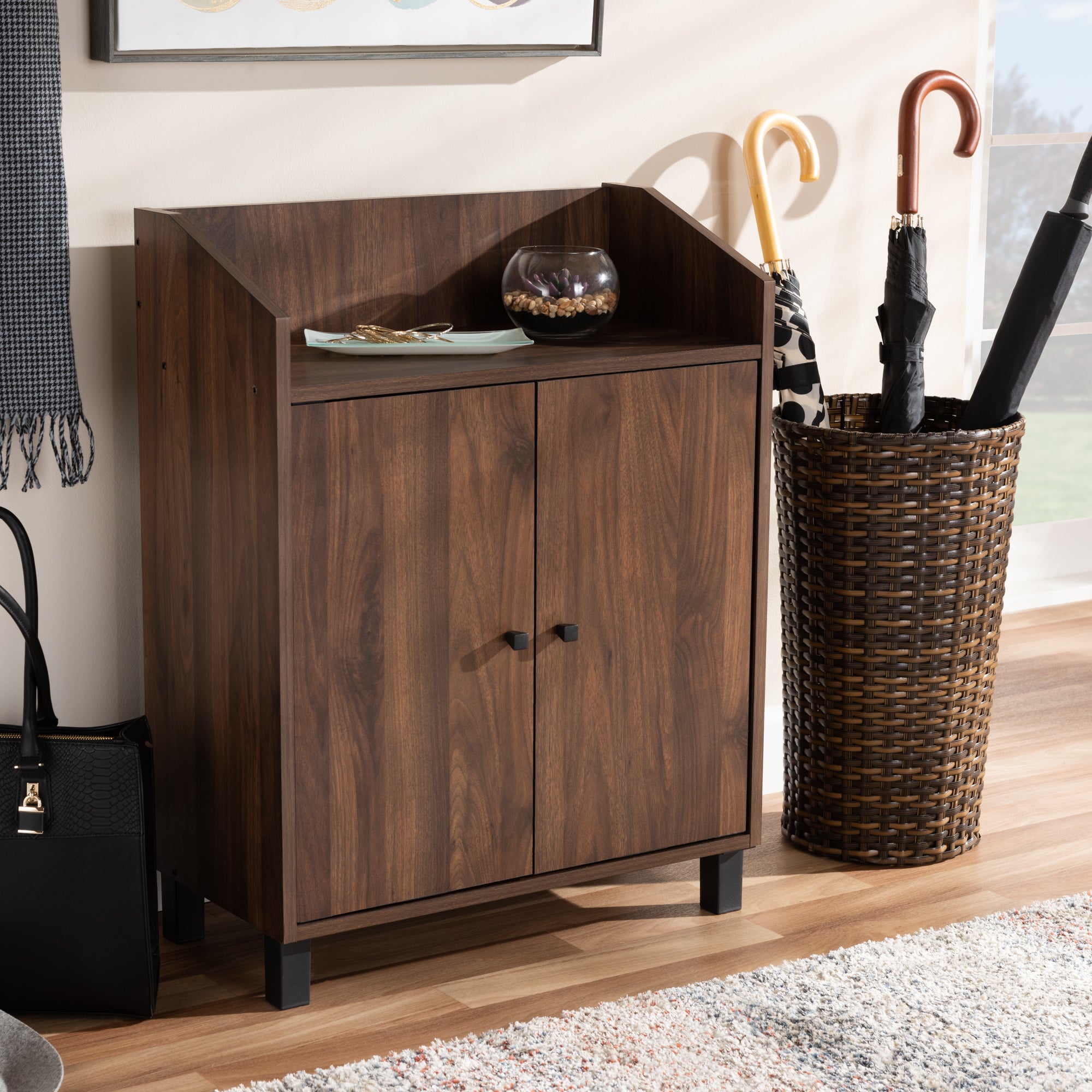 Rossin Modern and Contemporary Walnut Brown Finished 2-Door Wood Entryway Shoe Storage Cabinet with Open Shelf
