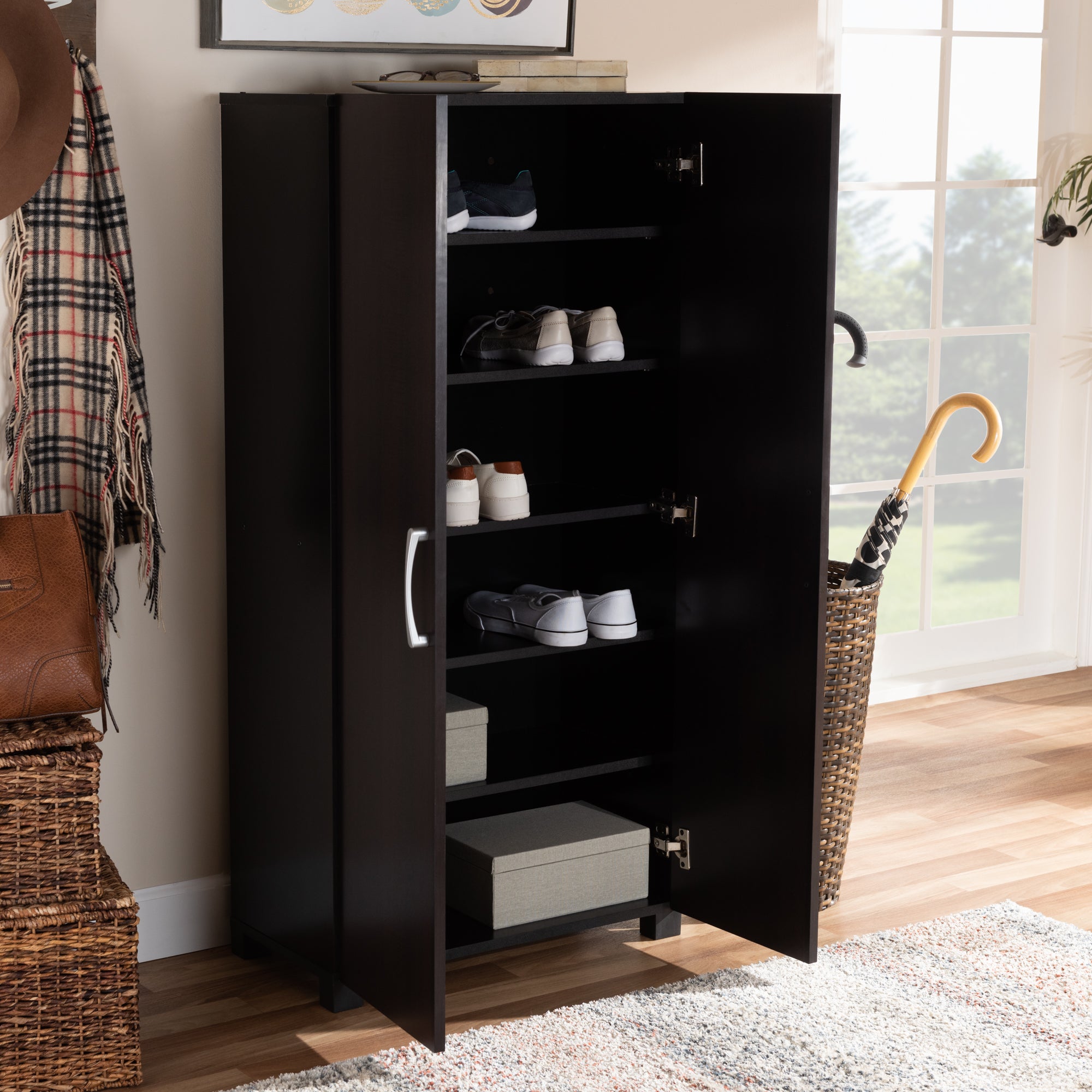 Marine Modern and Contemporary Two-Tone Wenge and Black Finished 2-Door Wood Entryway Shoe Storage Cabinet