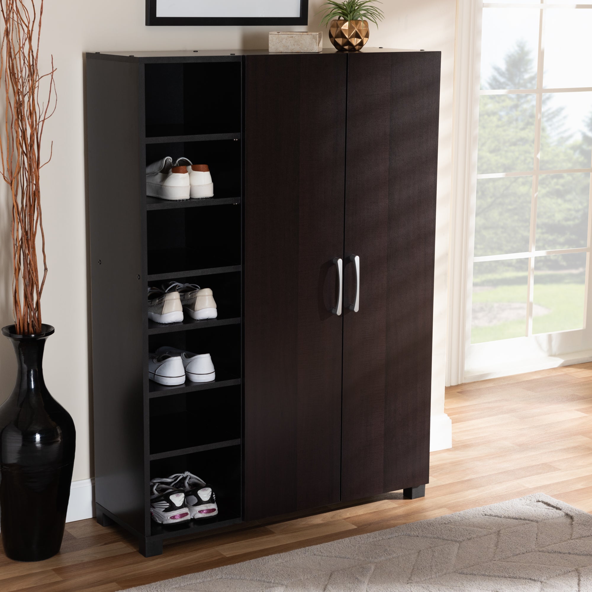 Marine Modern and Contemporary Two-Tone Wenge and Black Finished 2-Door Wood Entryway Shoe Storage Cabinet with Open Shelves