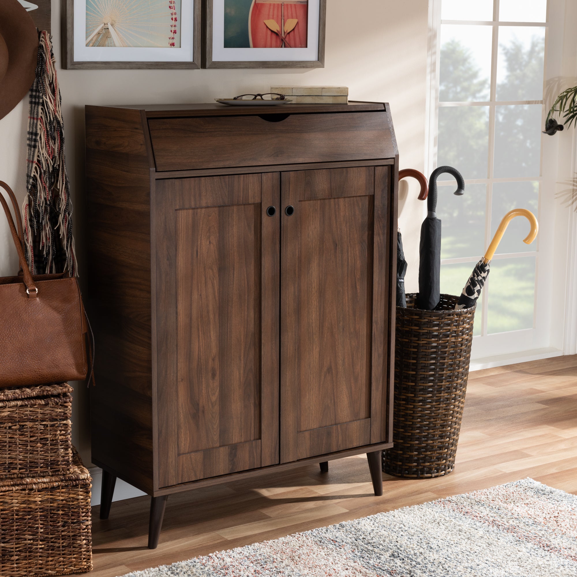Cormier Mid-Century Modern Walnut Brown finished 2-Door Wood Entryway Shoe Storage Cabinet