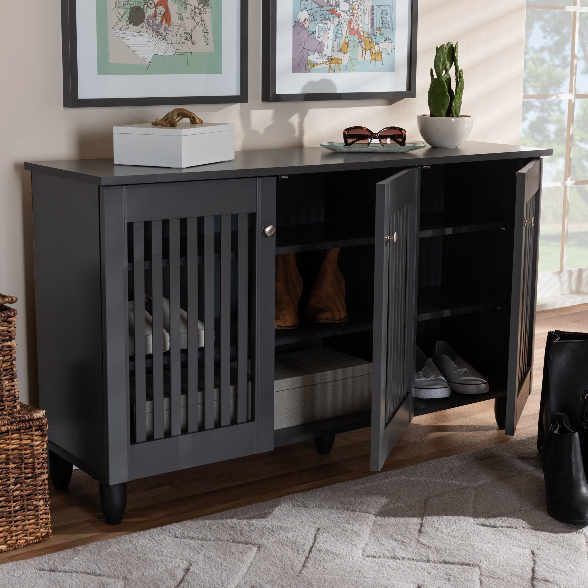 Fernanda Modern and Contemporary Dark Grey 3-Door Wooden Entryway Shoe Storage Wide Cabinet