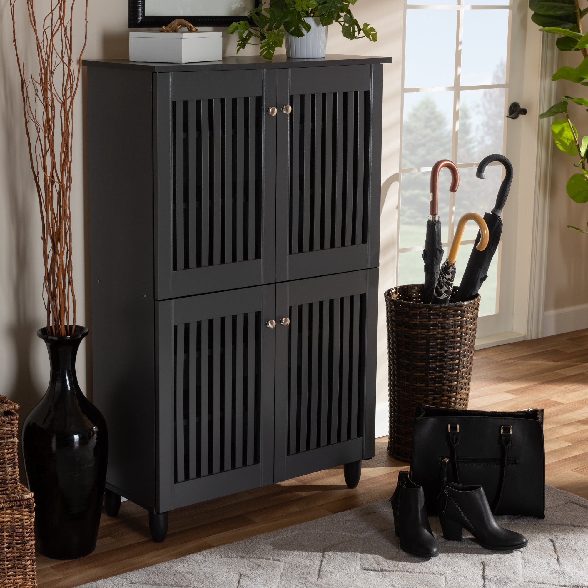 Fernanda Modern and Contemporary Dark Gray 4-Door Wooden Entryway Shoe Storage Cabinet