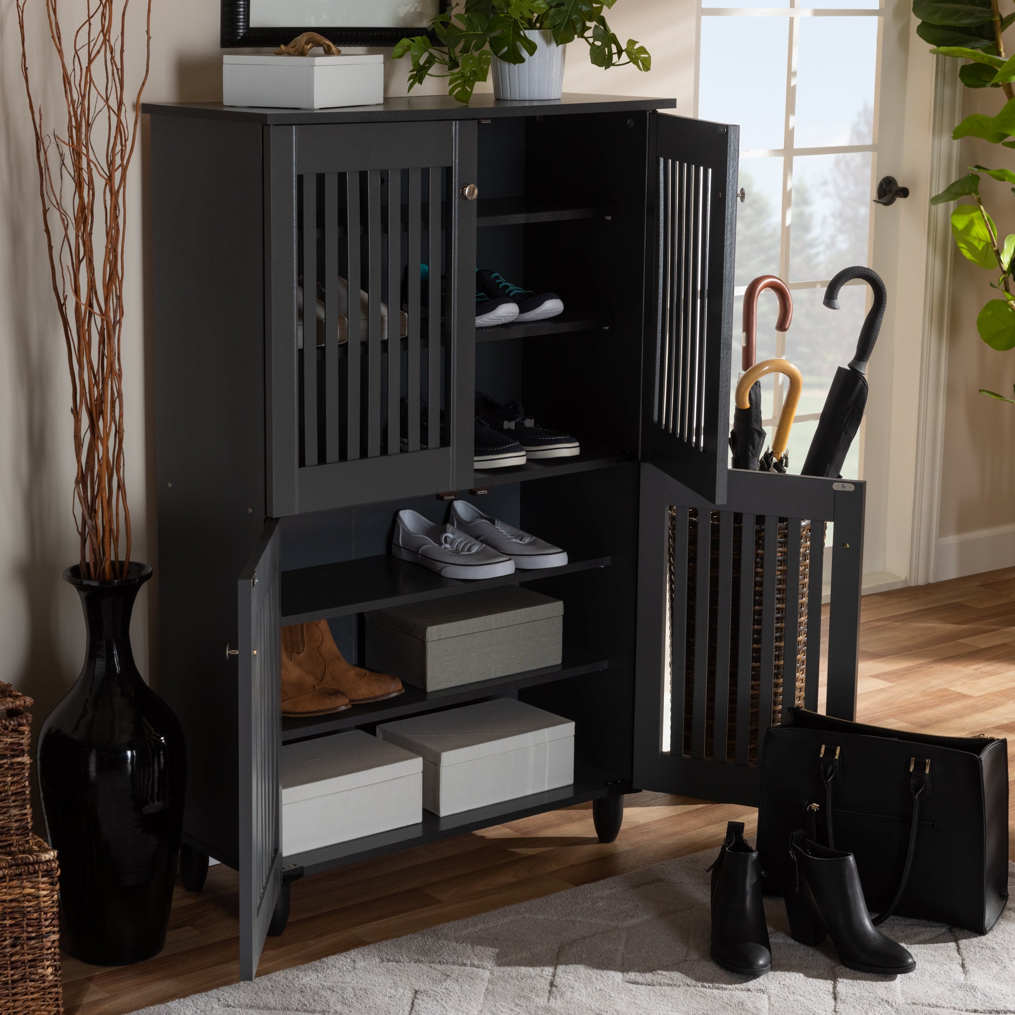 Fernanda Modern and Contemporary Dark Gray 4-Door Wooden Entryway Shoe Storage Cabinet
