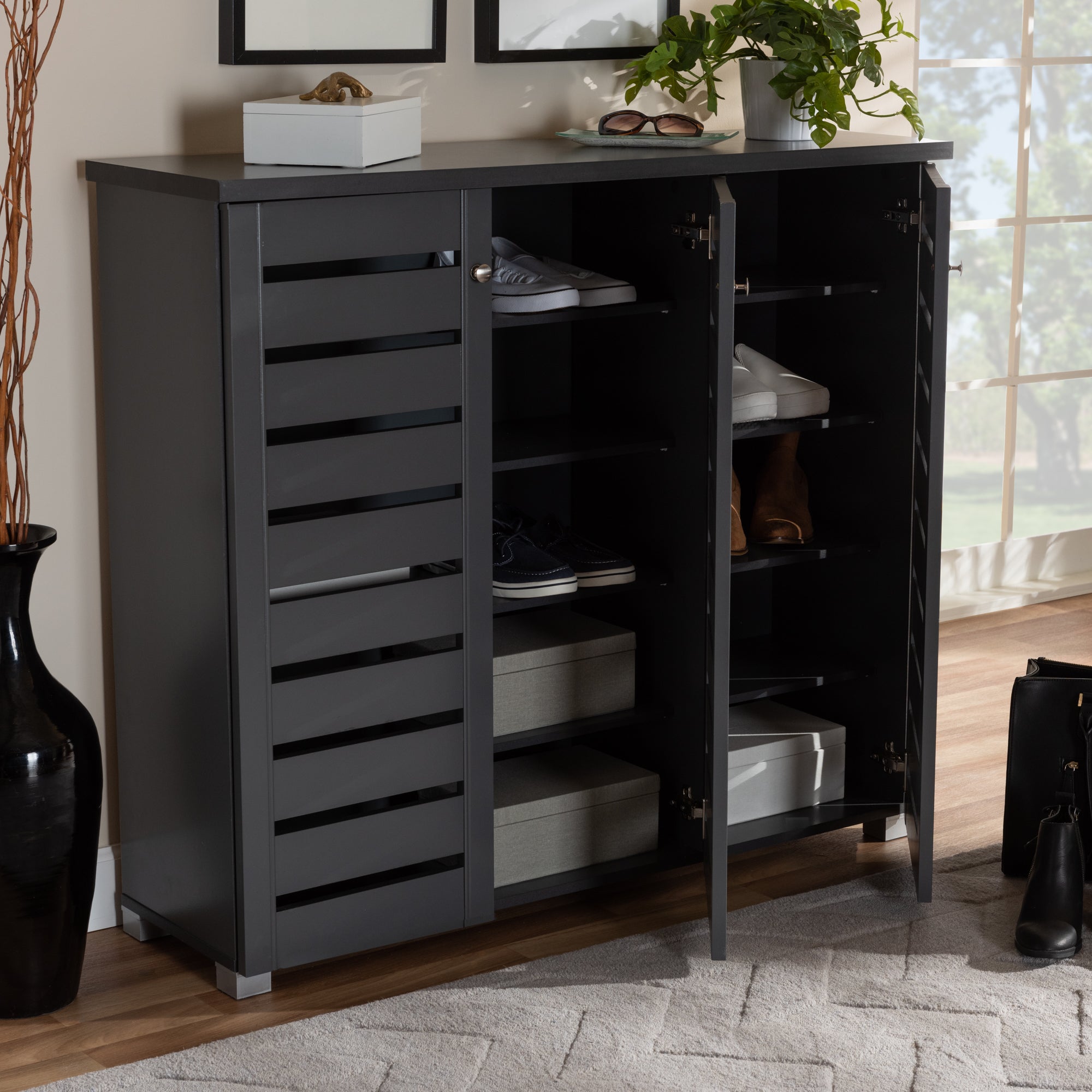 Adalwin Modern and Contemporary Dark Gray 3-Door Wooden Entryway Shoe Storage Cabinet