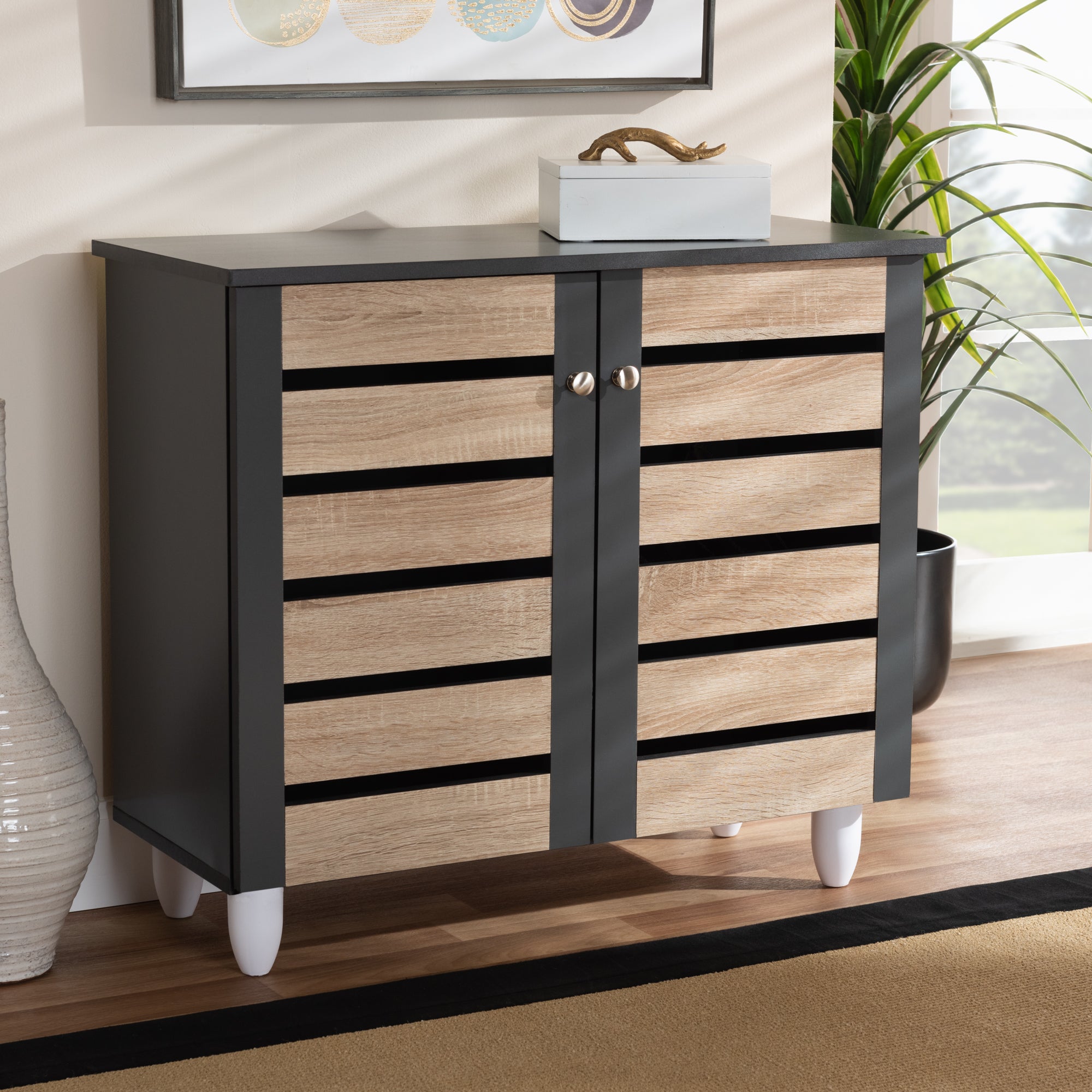 Gisela Modern and Contemporary Two-Tone Oak and Dark Grey 2-Door Shoe Storage Cabinet