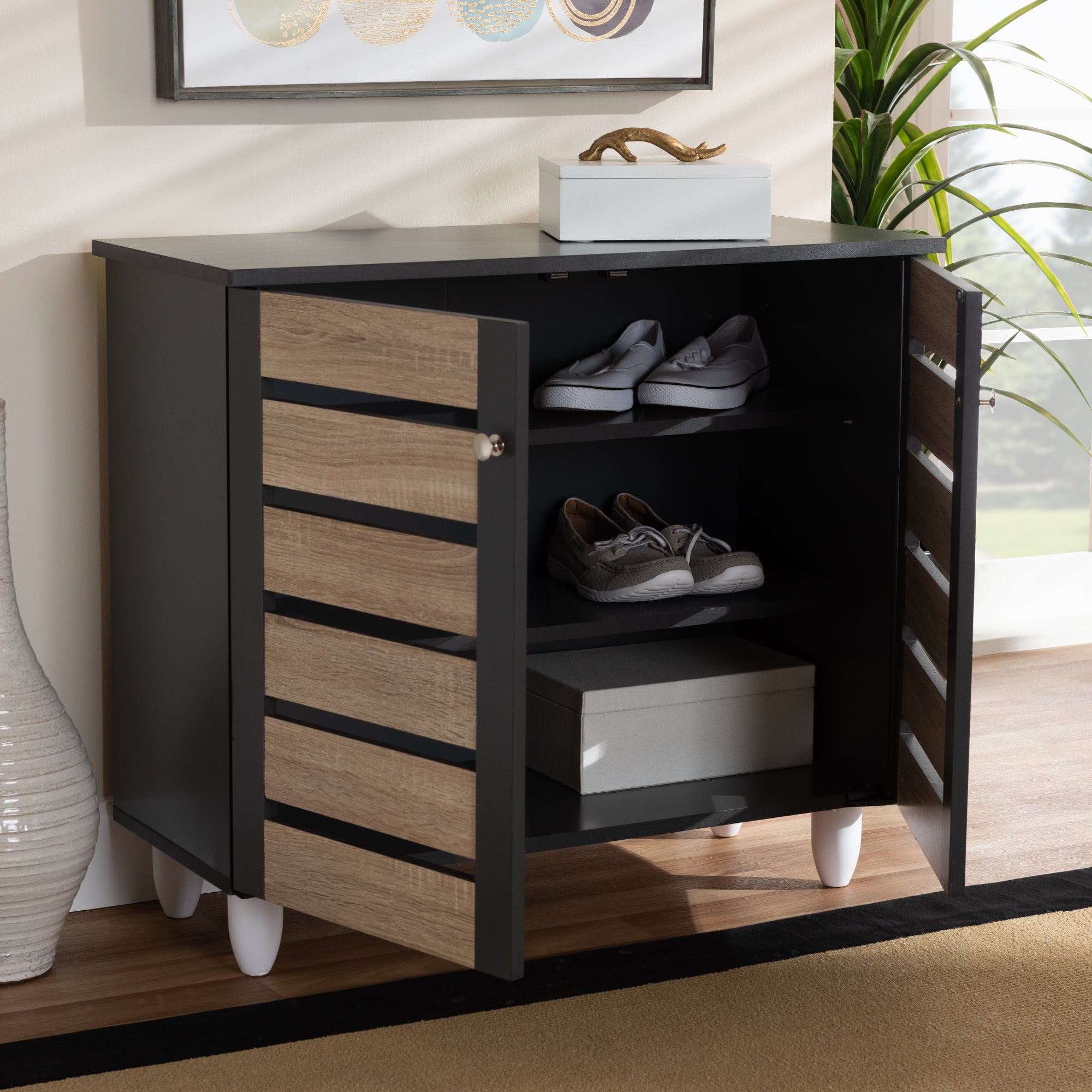 Gisela Modern and Contemporary Two-Tone Oak and Dark Grey 2-Door Shoe Storage Cabinet