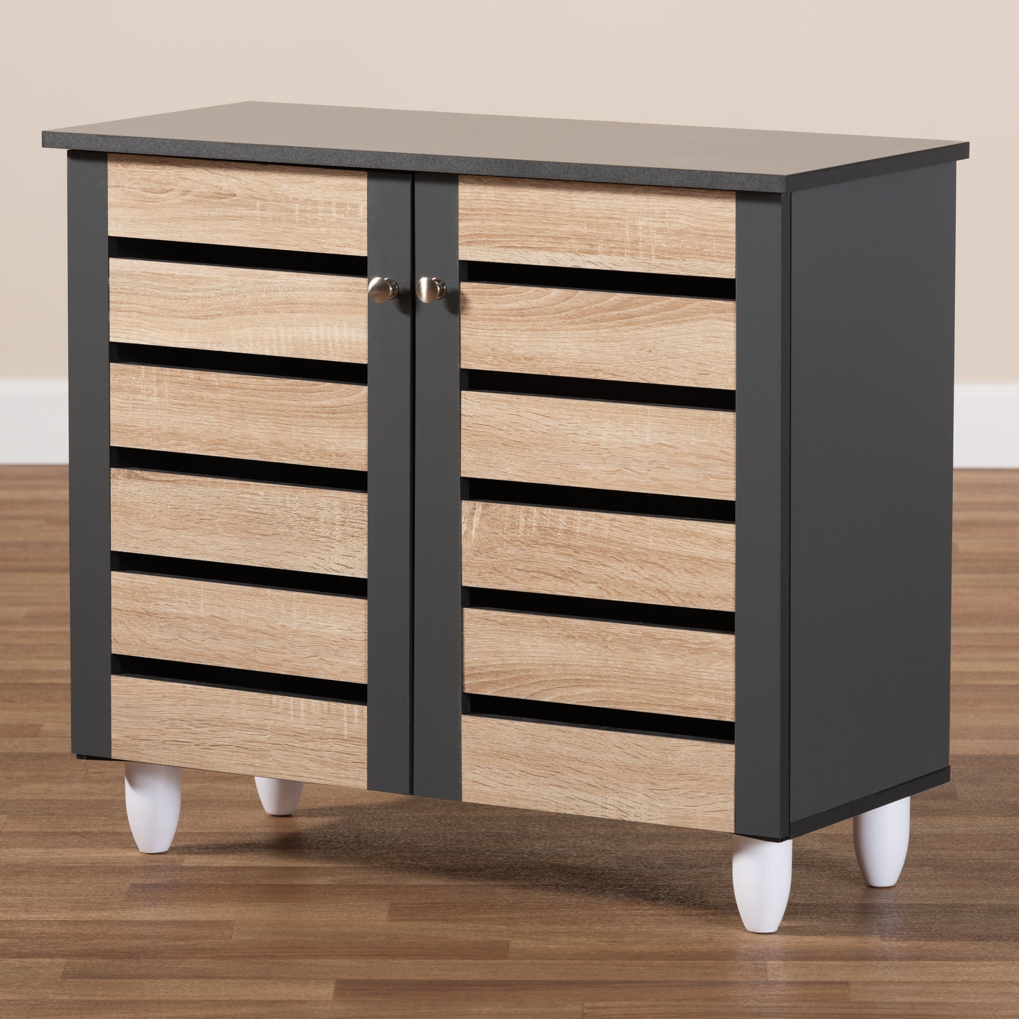 Gisela Modern and Contemporary Two-Tone Oak and Dark Grey 2-Door Shoe Storage Cabinet